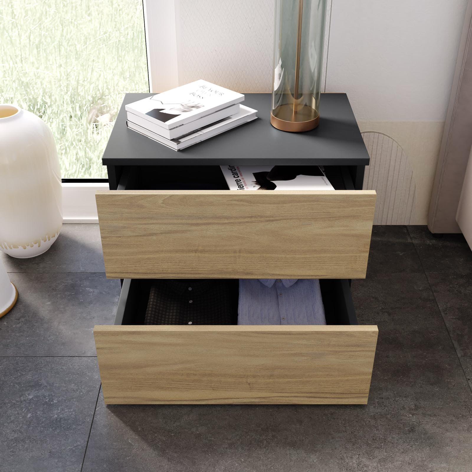 Comodino 52x42h cm con 2 cassetti rovere e antracite - Axel