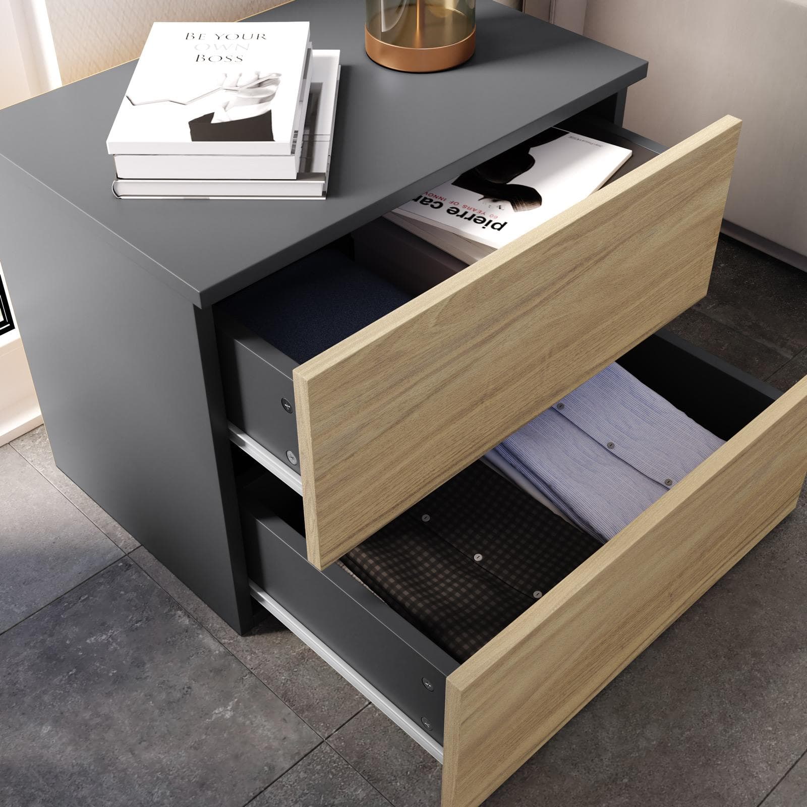 Comodino 52x42h cm con 2 cassetti rovere e antracite - Axel