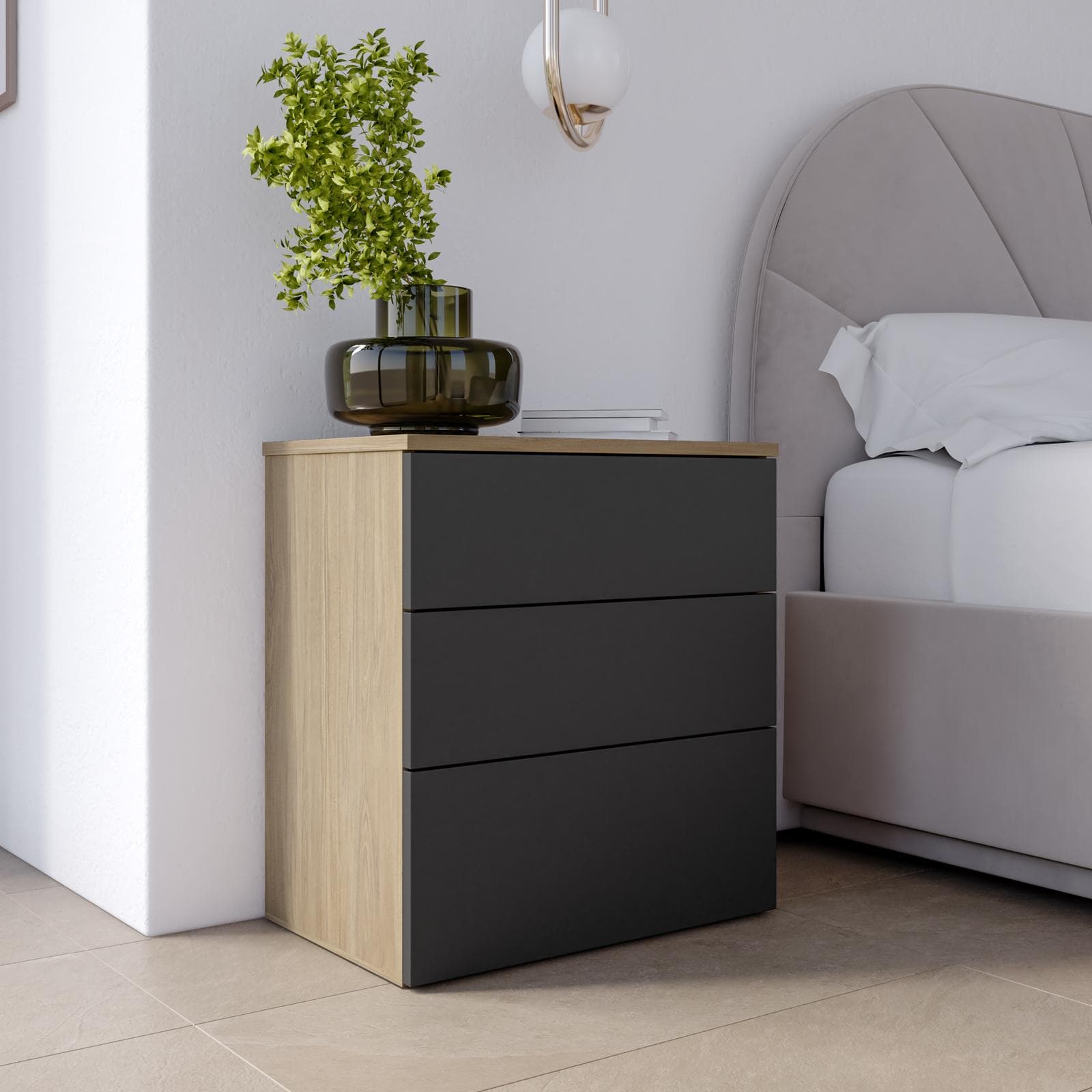 Comodino 52x58h cm con 3 cassetti rovere e antracite - Axel