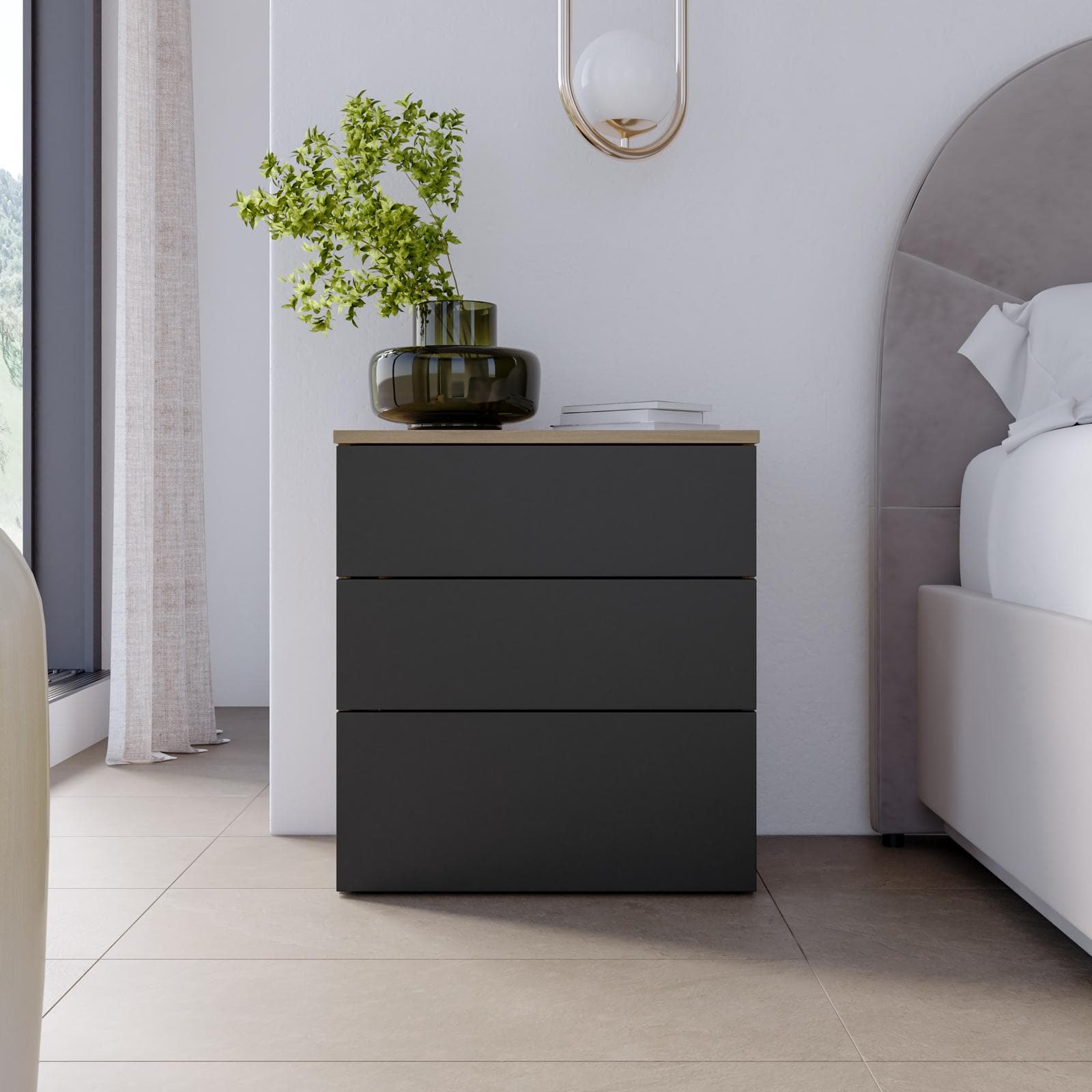 Comodino 52x58h cm con 3 cassetti rovere e antracite - Axel