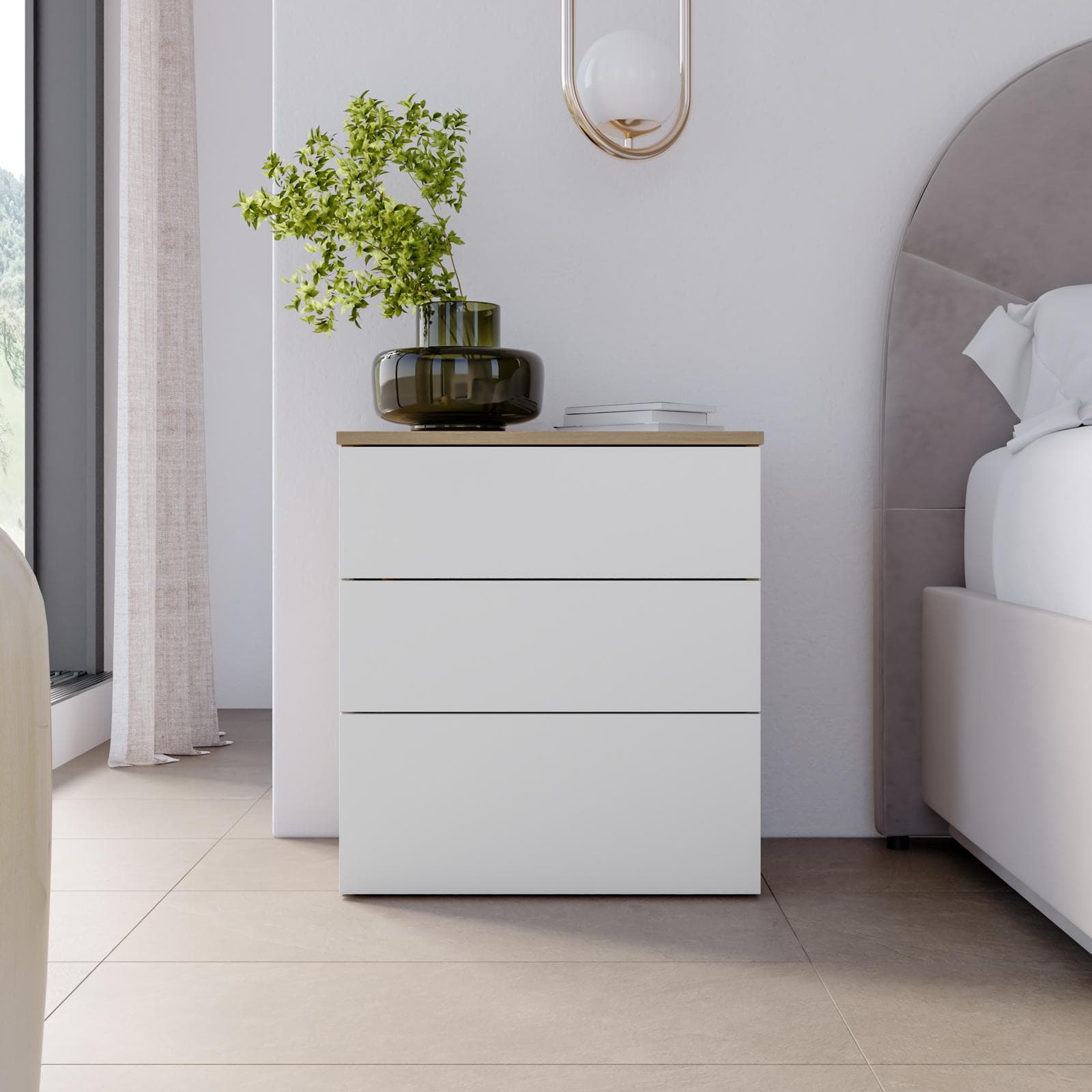 Comodino 52x58h cm con 3 cassetti bianco e rovere - Axel