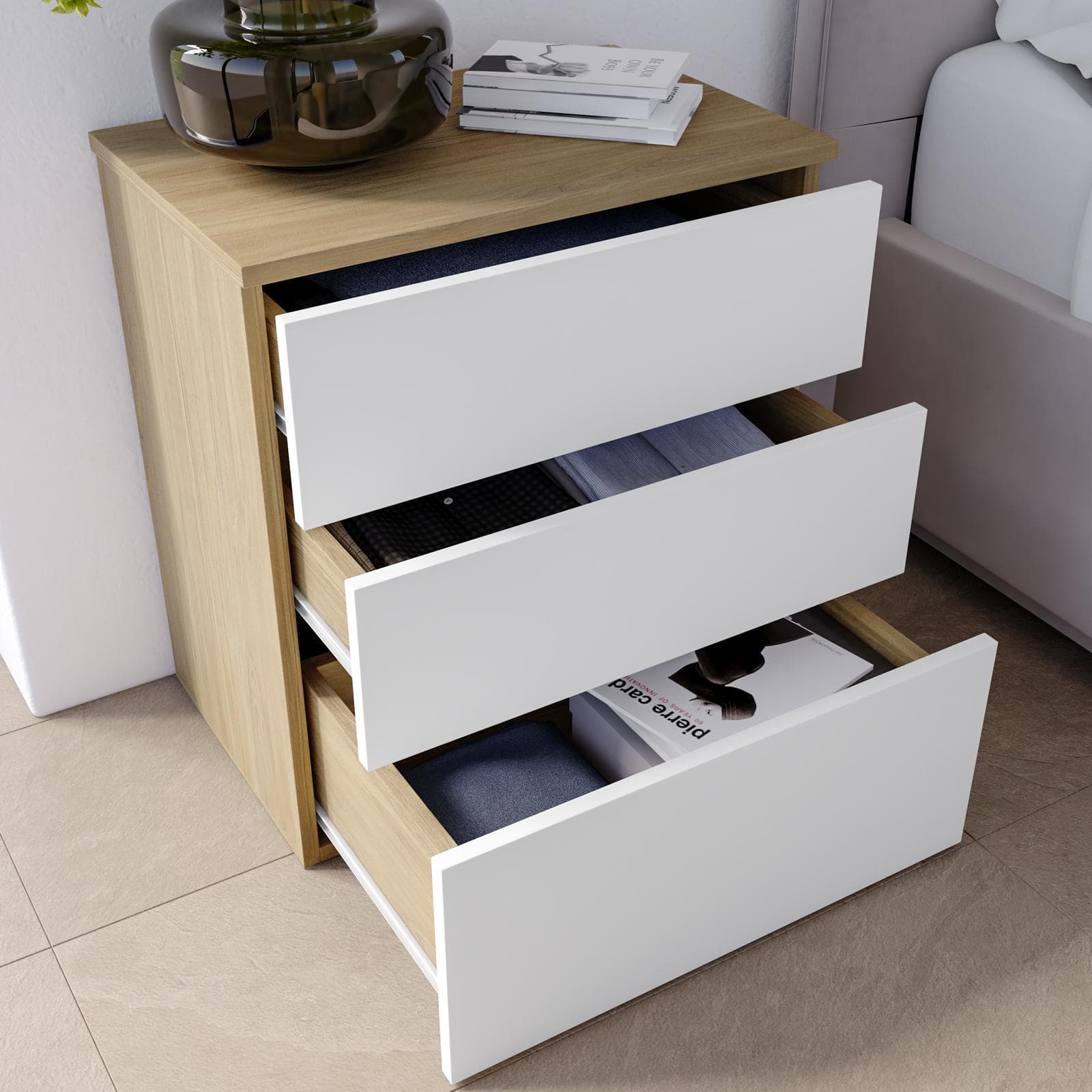 Comodino 52x58h cm con 3 cassetti bianco e rovere - Axel