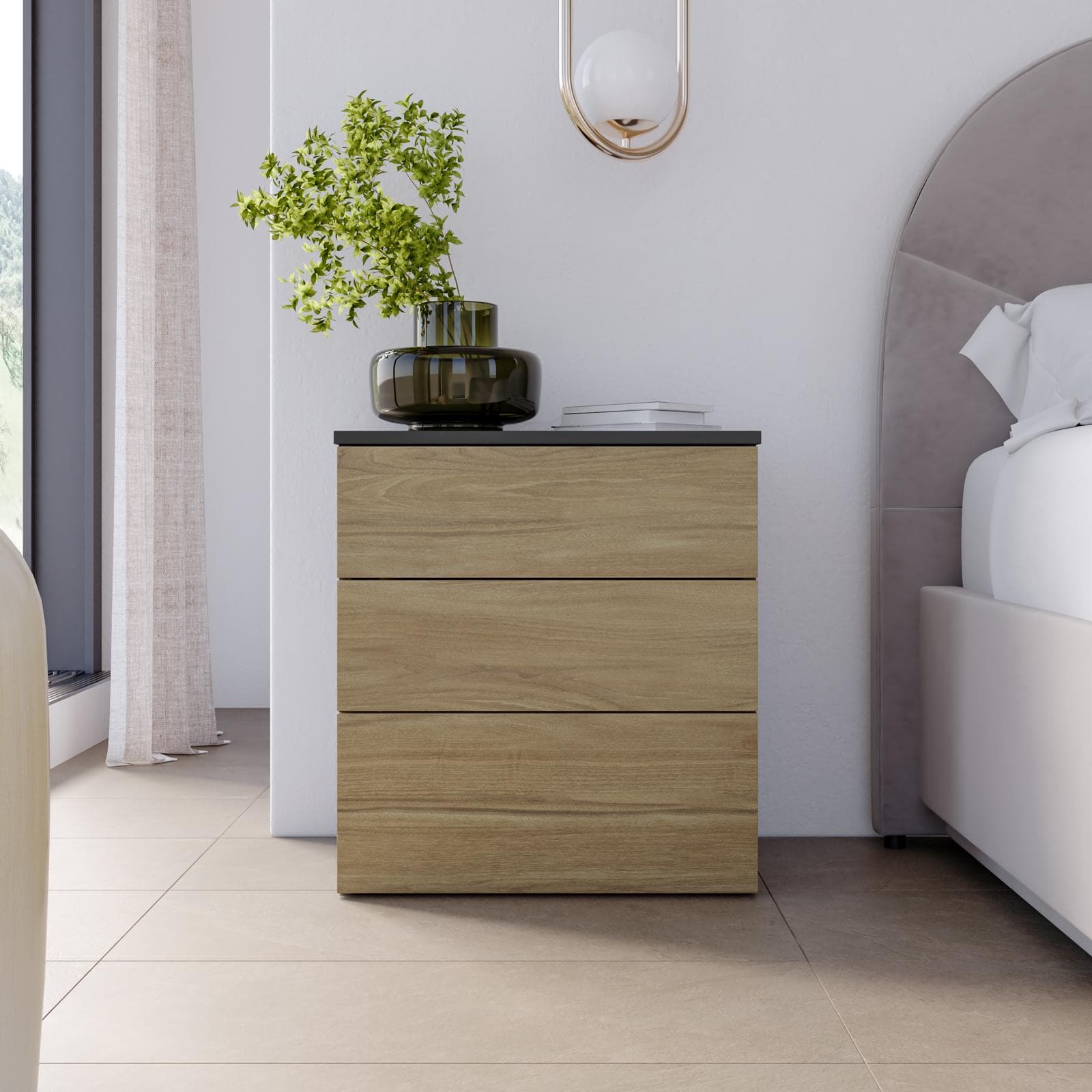 Comodino 52x58h cm con 3 cassetti antracite e rovere - Axel