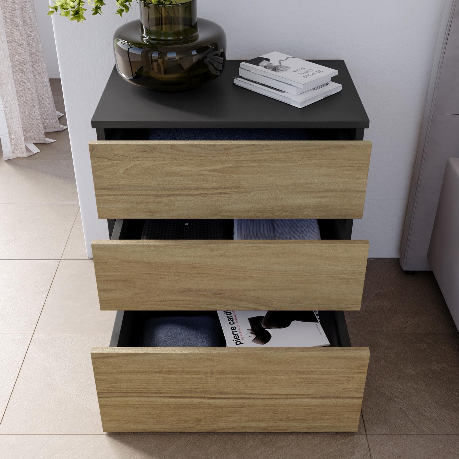 Comodino 52x58h cm con 3 cassetti antracite e rovere - Axel