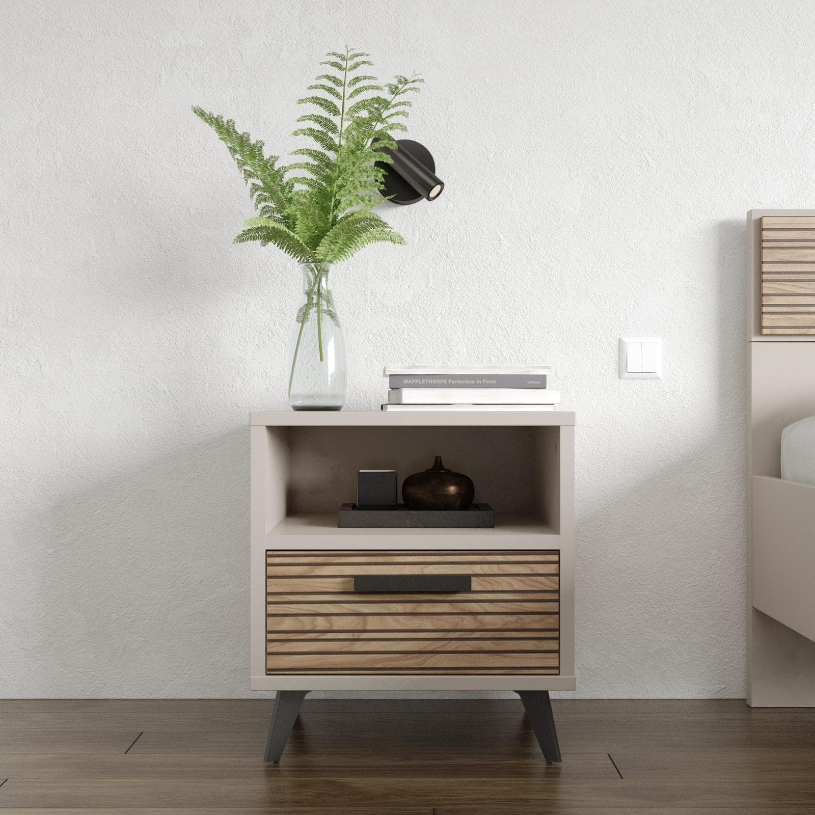 Comodino 50x55h cm con 1 cassetto cashmere opaco e rovere effetto cannettato - Bizet