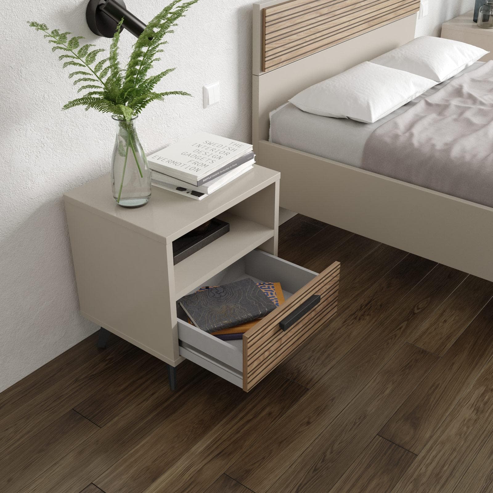 Comodino 50x55h cm con 1 cassetto cashmere opaco e rovere effetto cannettato - Bizet