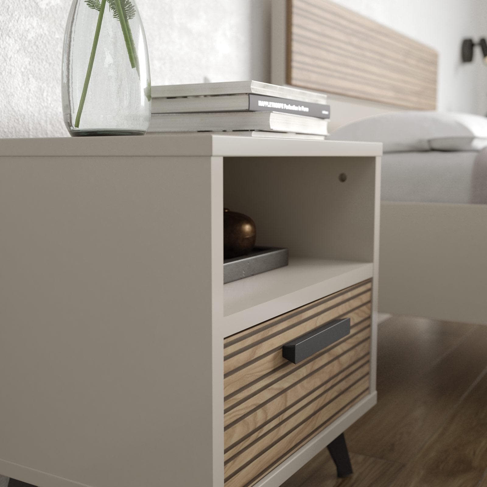 Comodino 50x55h cm con 1 cassetto cashmere opaco e rovere effetto cannettato - Bizet
