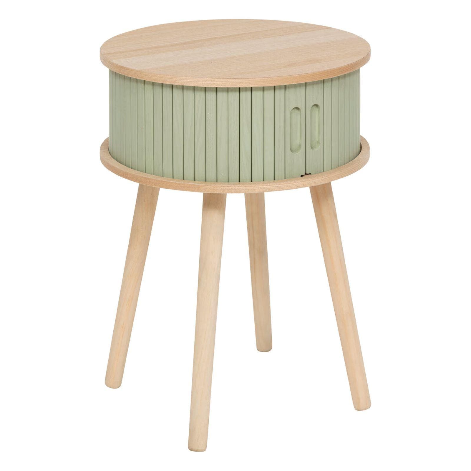 Comodino rotondo 40 cm in legno naturale con 2 ante scorrevoli cannettate verde - Petras