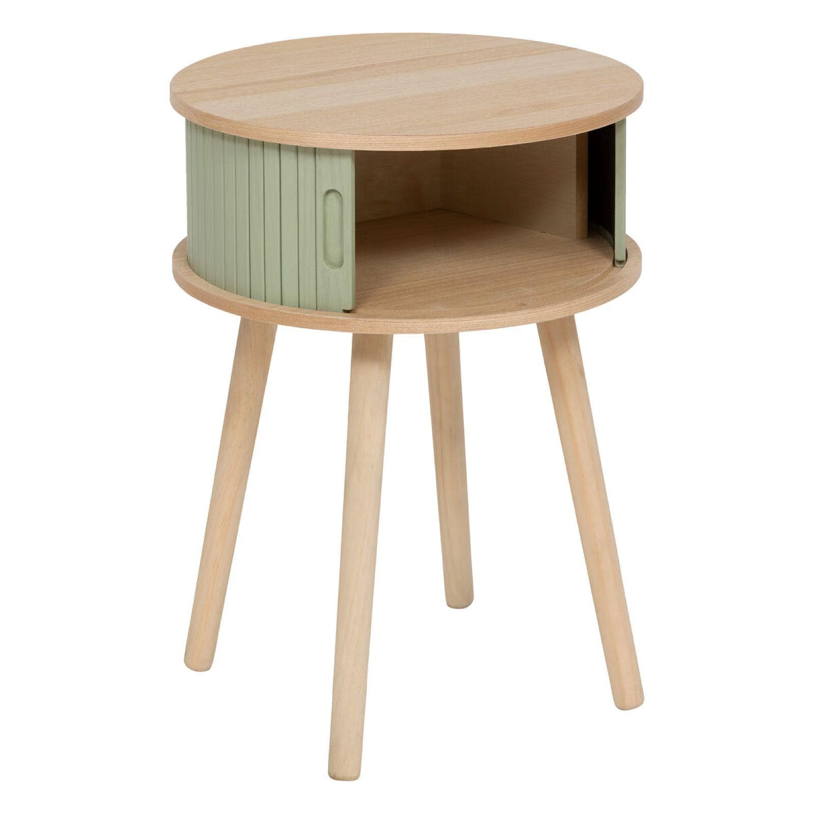 Comodino rotondo 40 cm in legno naturale con 2 ante scorrevoli cannettate verde - Petras