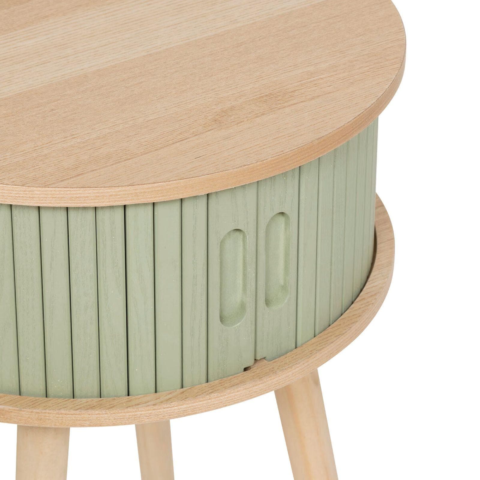 Comodino rotondo 40 cm in legno naturale con 2 ante scorrevoli cannettate verde - Petras