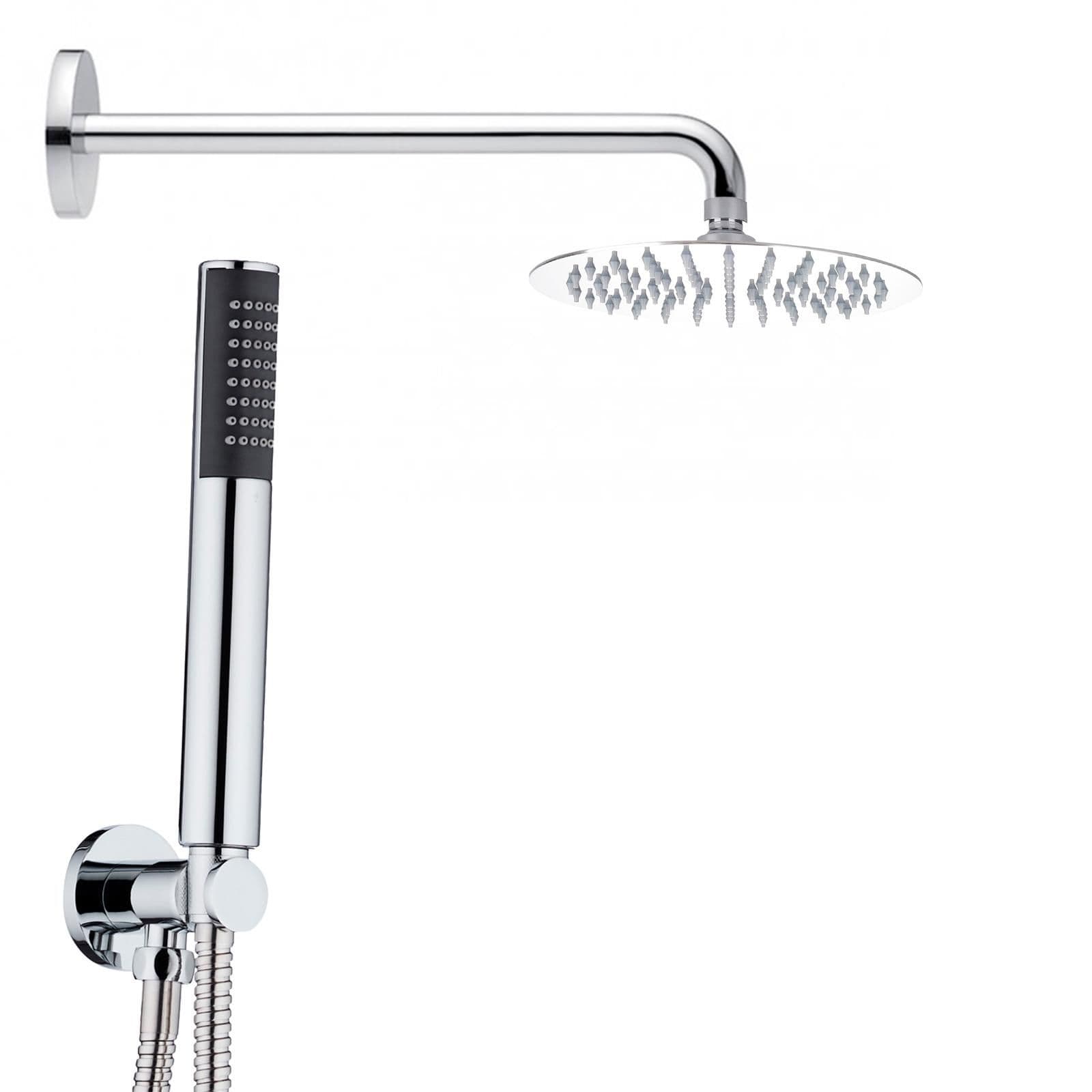 Set doccia cromato con soffione da 40 cm braccio e doccino con tubo flessibile