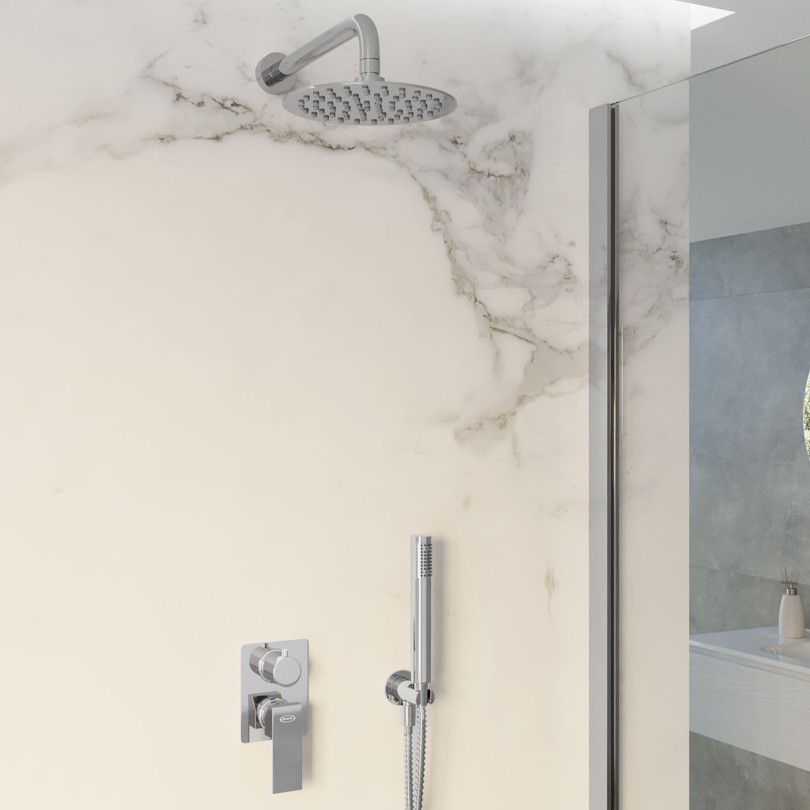 Composizione doccia Jacuzzi - Rubinetteria Crux con braccio soffione doccino e miscelatore con deviatore