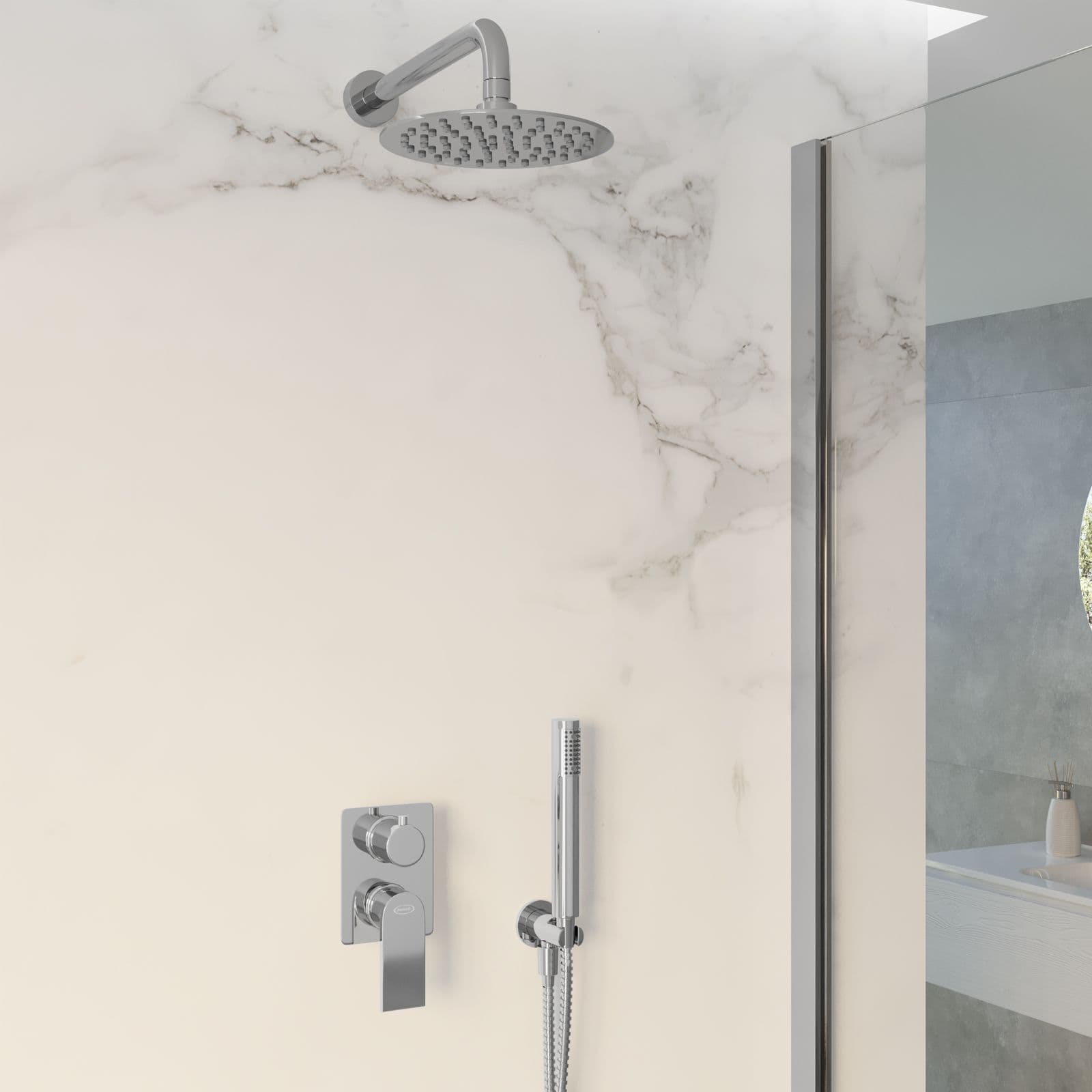 Composizione doccia Jacuzzi - Rubinetteria Plaza con braccio soffione doccino e miscelatore con deviatore