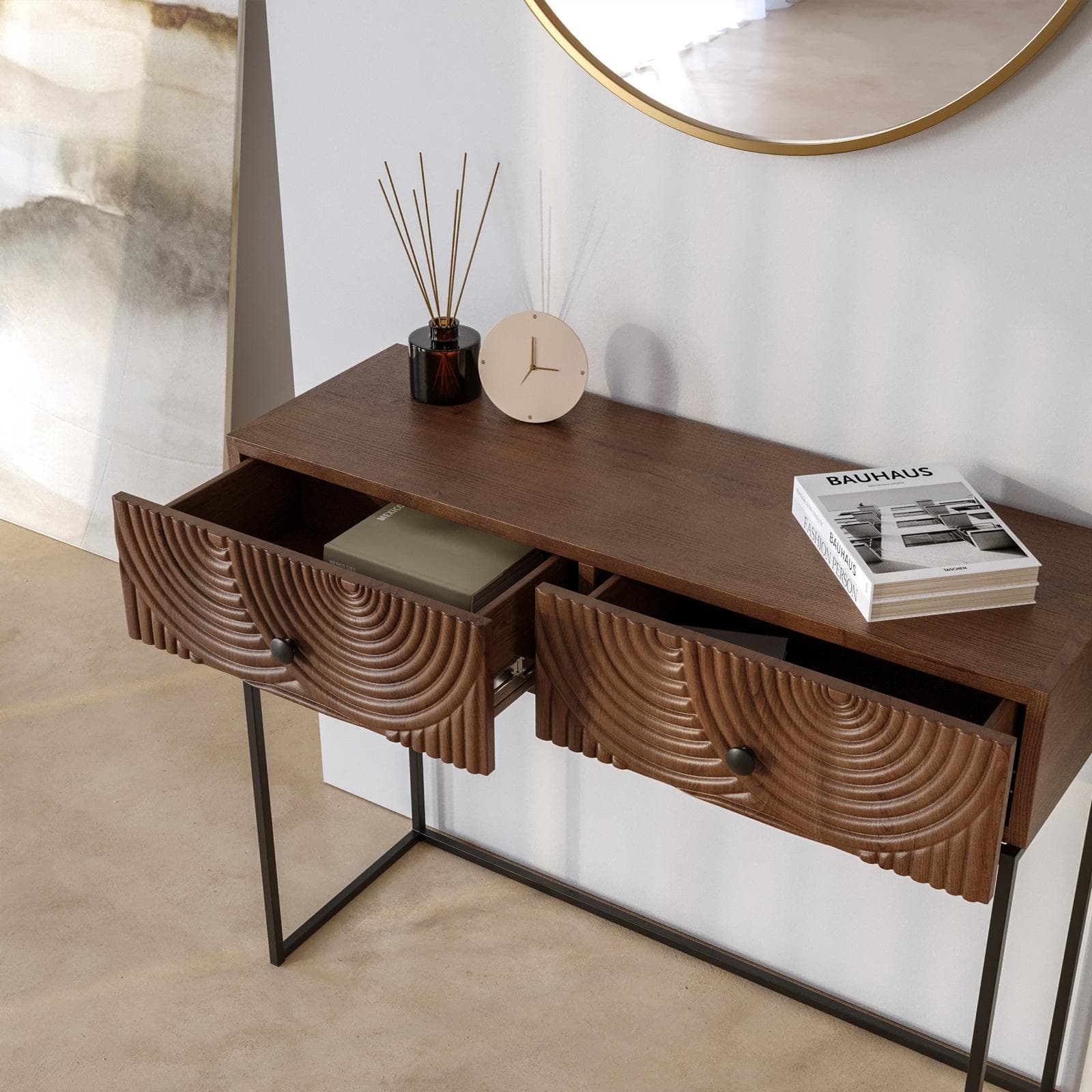 Consolle 100x80h cm con 2 cassetti in legno di mango cannettato - Alisha