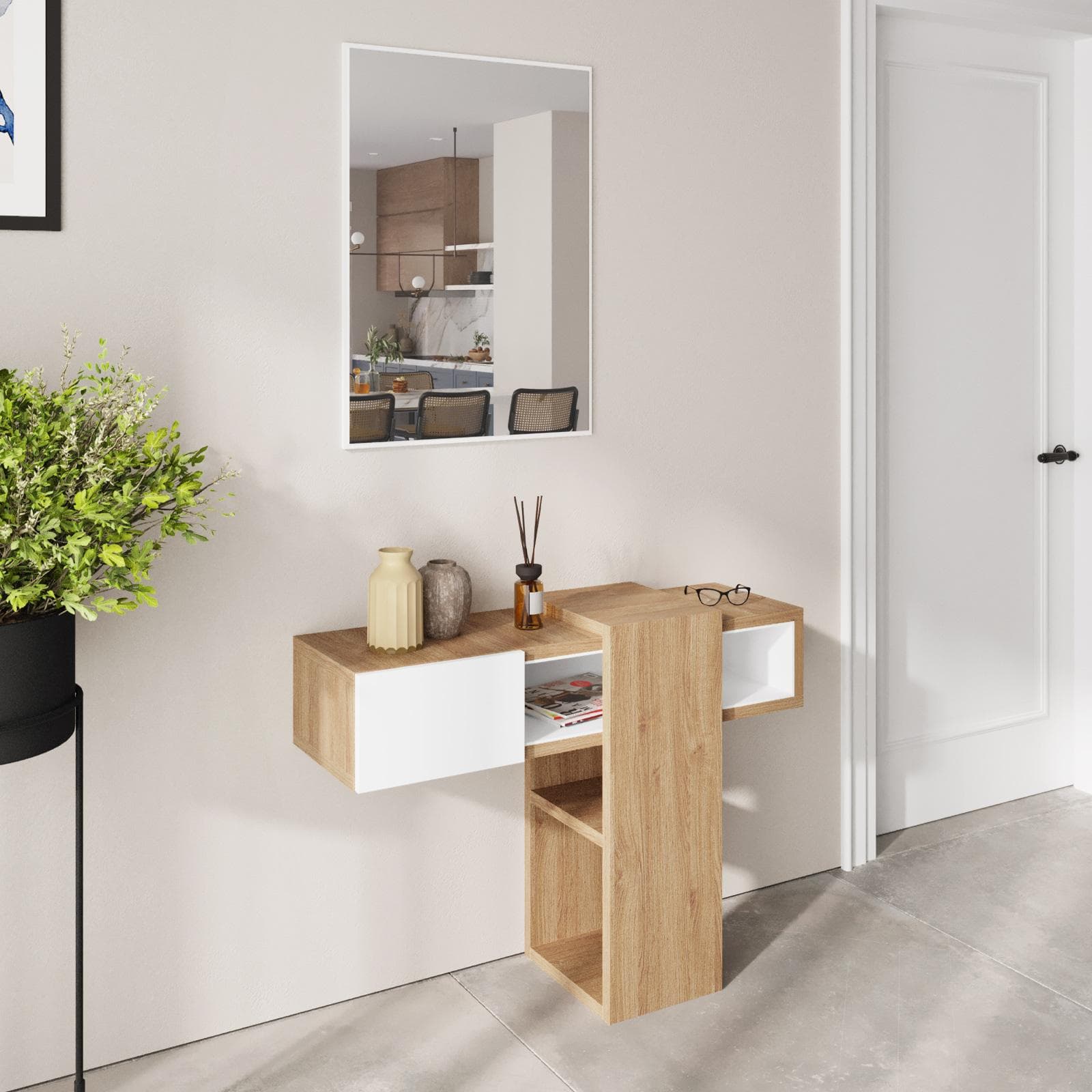 Consolle 100x30 cm bianco ed effetto rovere con cassetto e specchio - Nevay