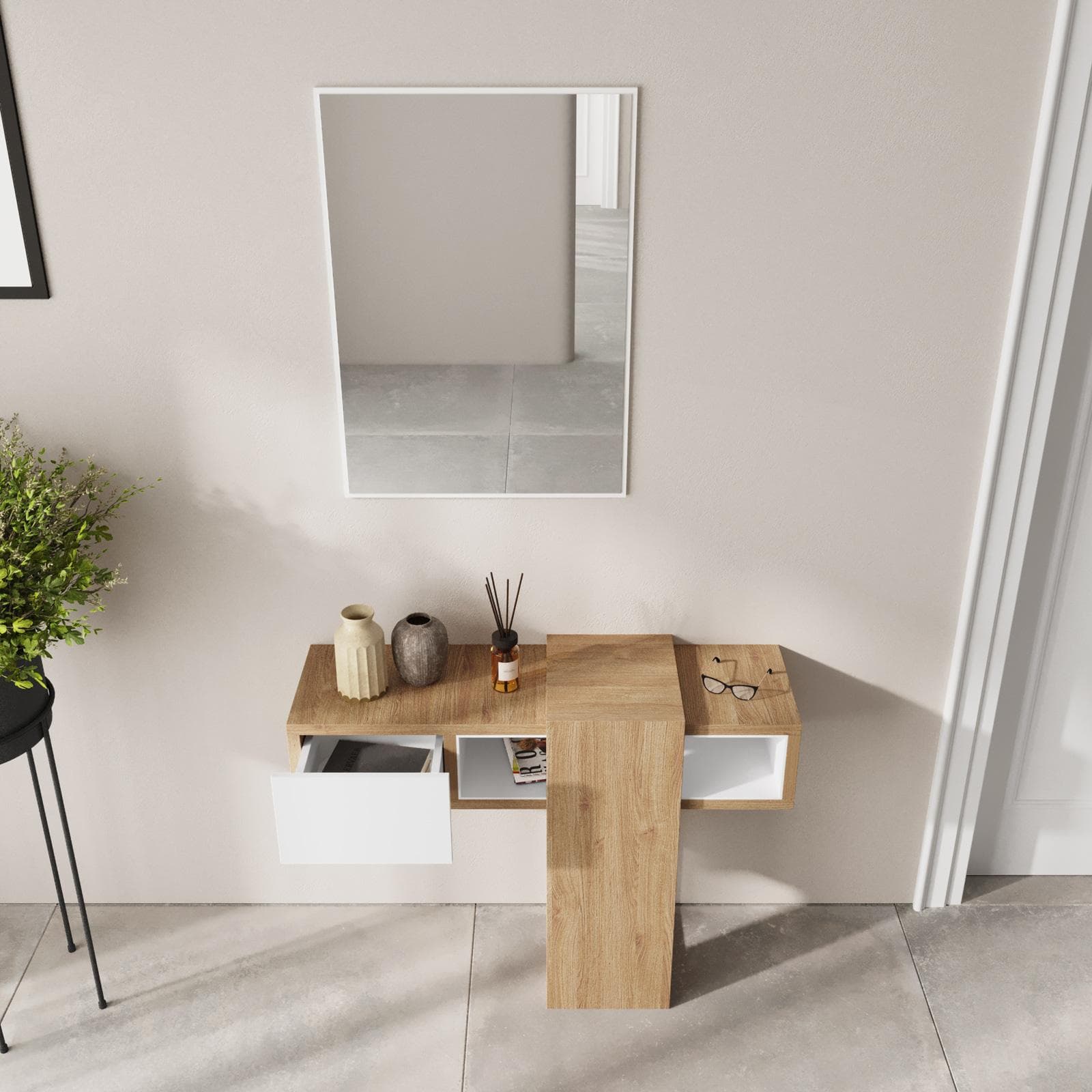 Consolle 100x30 cm bianco ed effetto rovere con cassetto e specchio - Nevay