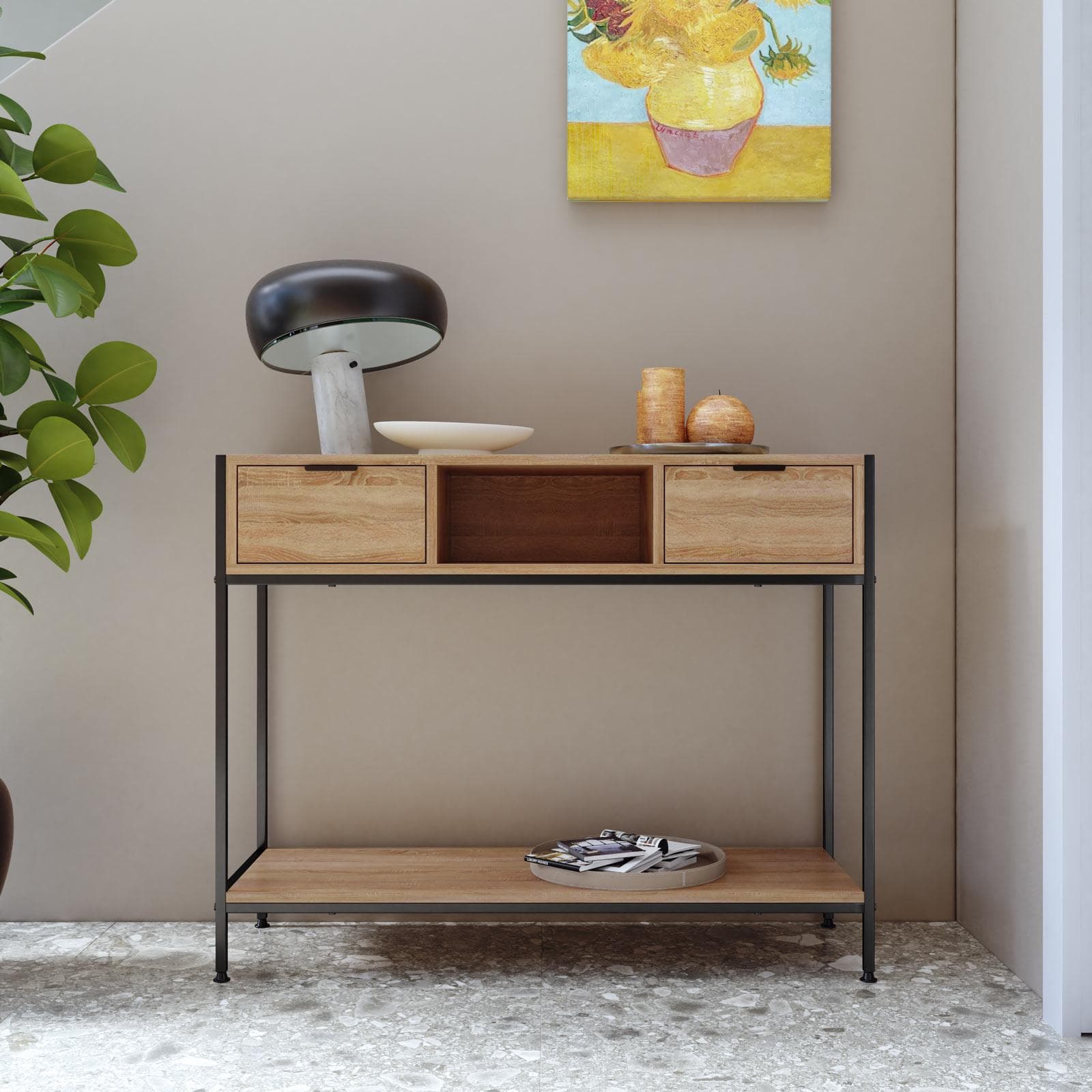 Consolle 100x35 cm effetto rovere selvatico con 2 cassetti e vano a giorno - Lorim