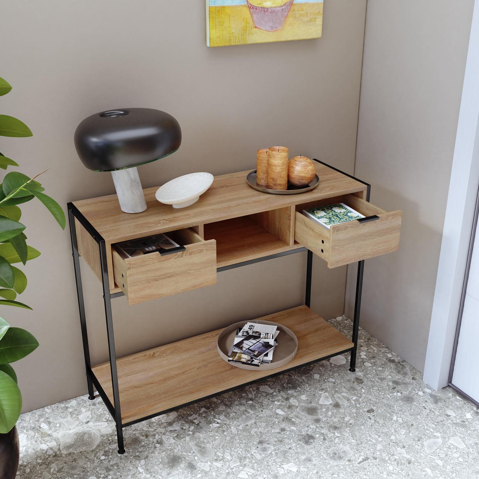 Consolle 100x35 cm effetto rovere selvatico con 2 cassetti e vano a giorno - Lorim