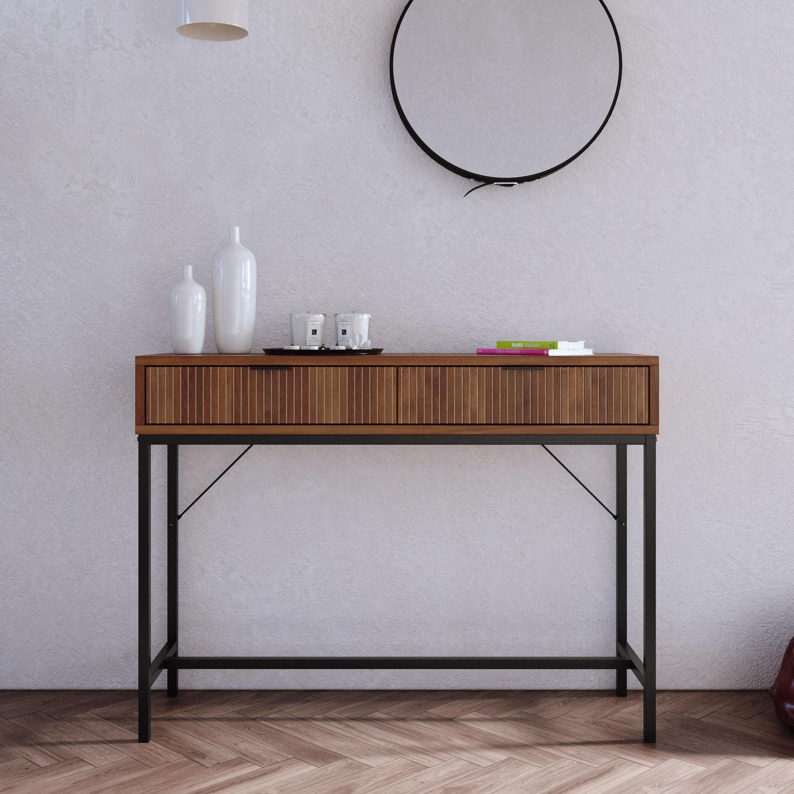 Consolle 100x74h cm noce carter cannettato con 2 cassetti e piedi in metallo nero - Acosta