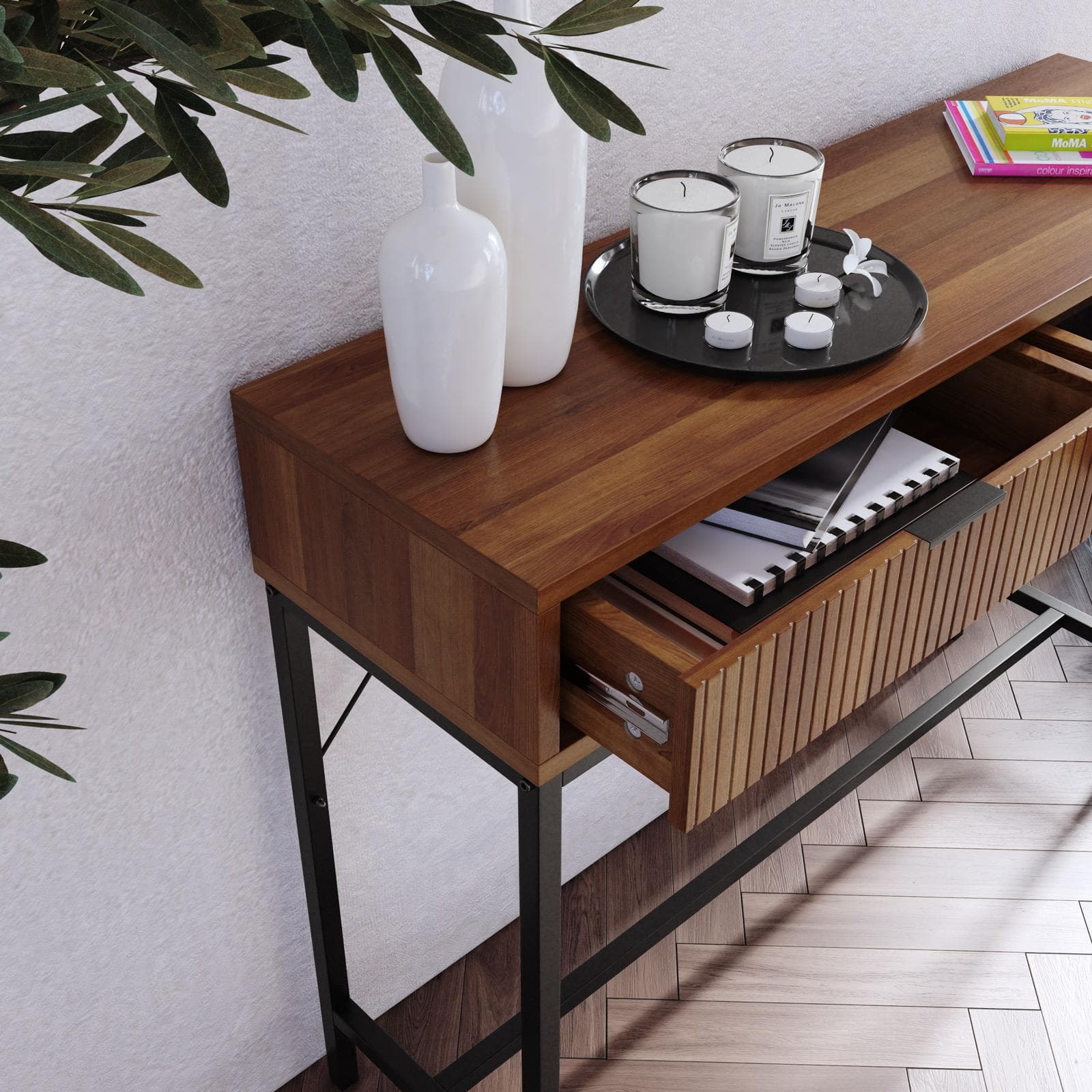Consolle 100x74h cm noce carter cannettato con 2 cassetti e piedi in metallo nero - Acosta