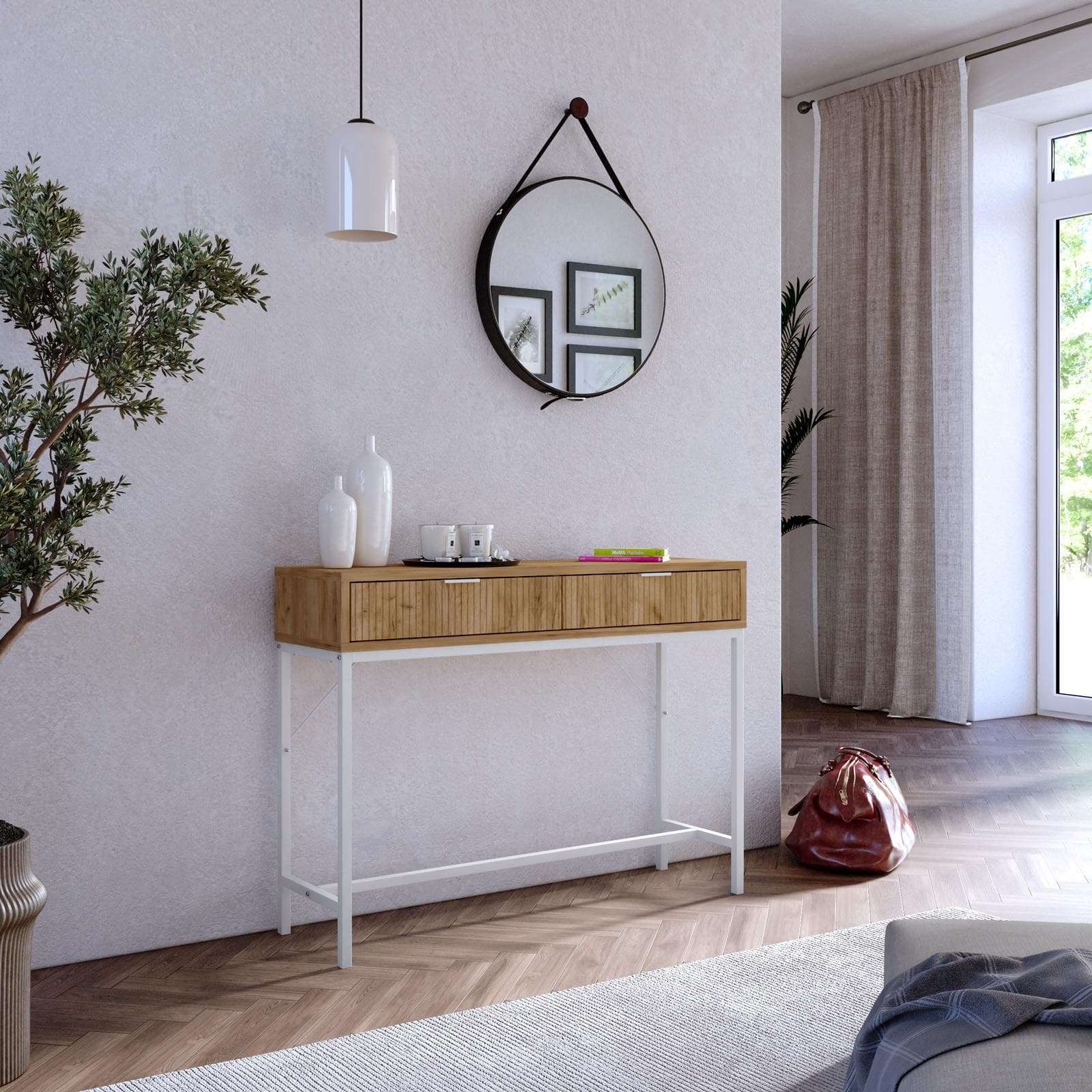 Consolle 100x74h cm rovere chiaro cannettato con 2 cassetti e piedi in metallo bianco - Acosta