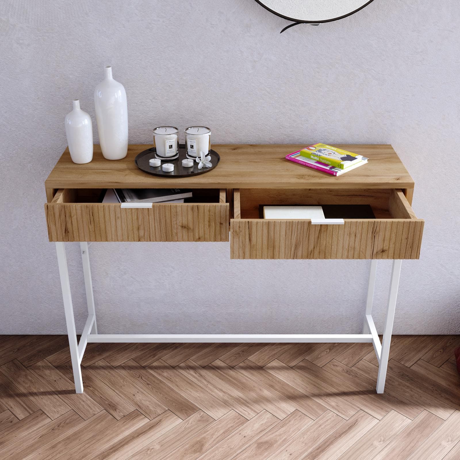 Consolle 100x74h cm rovere chiaro cannettato con 2 cassetti e piedi in metallo bianco - Acosta