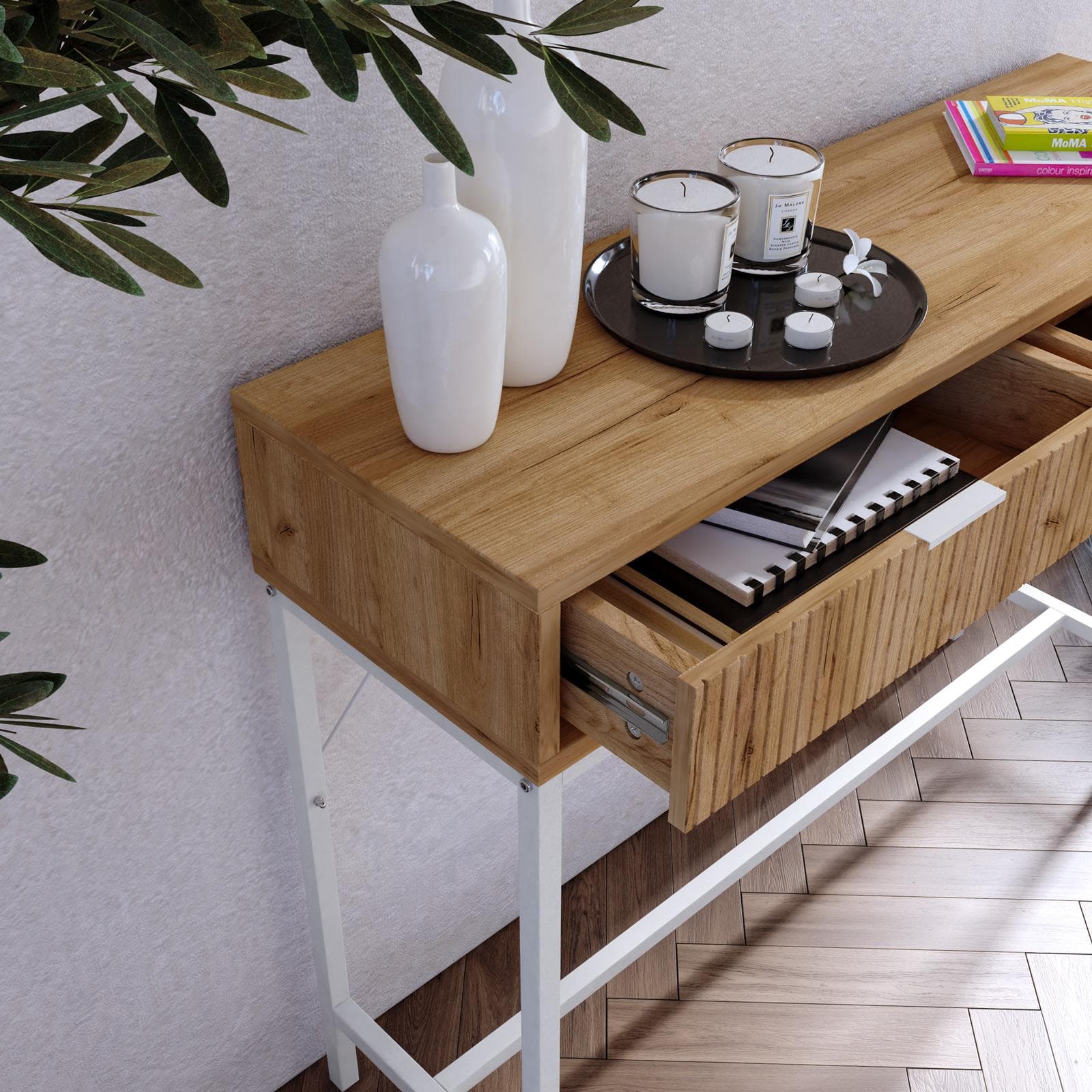 Consolle 100x74h cm rovere chiaro cannettato con 2 cassetti e piedi in metallo bianco - Acosta