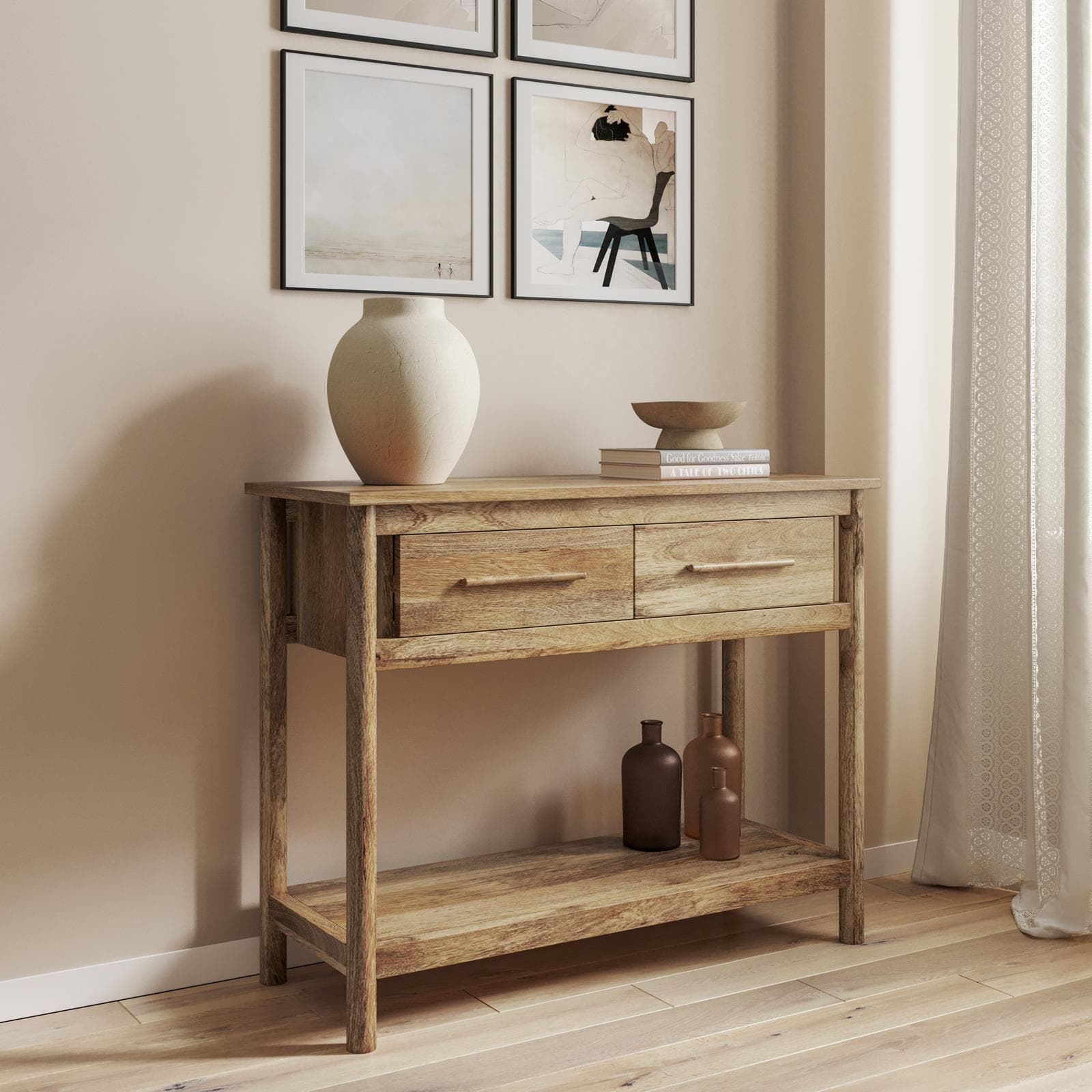 Consolle 100x80h cm legno di mango naturale con 2 cassetti e ripiano - Eclisse