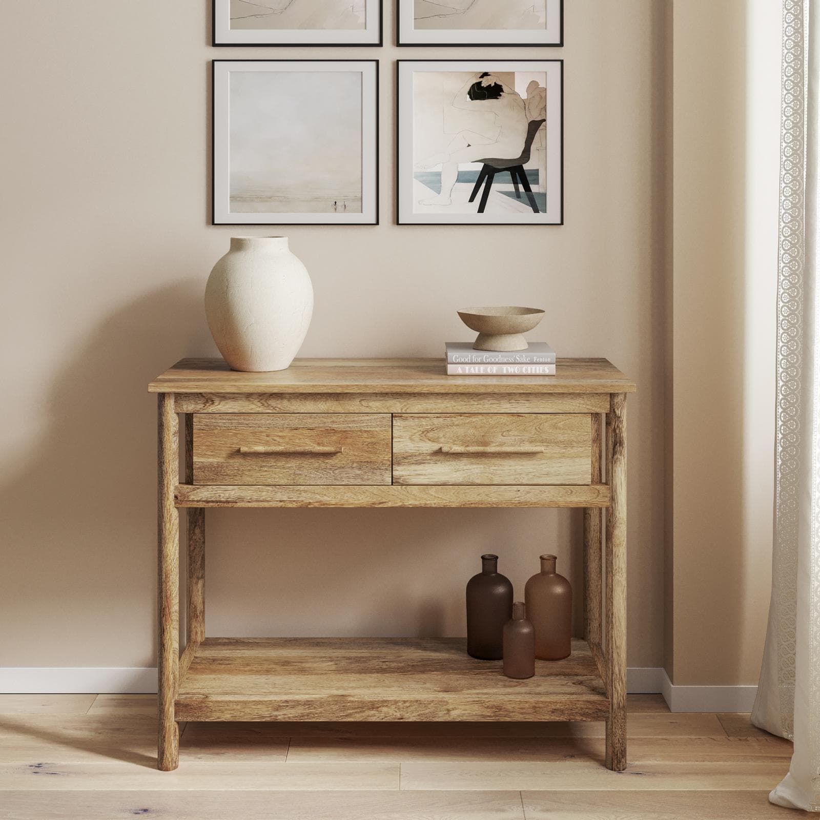 Consolle 100x80h cm legno di mango naturale con 2 cassetti e ripiano - Eclisse