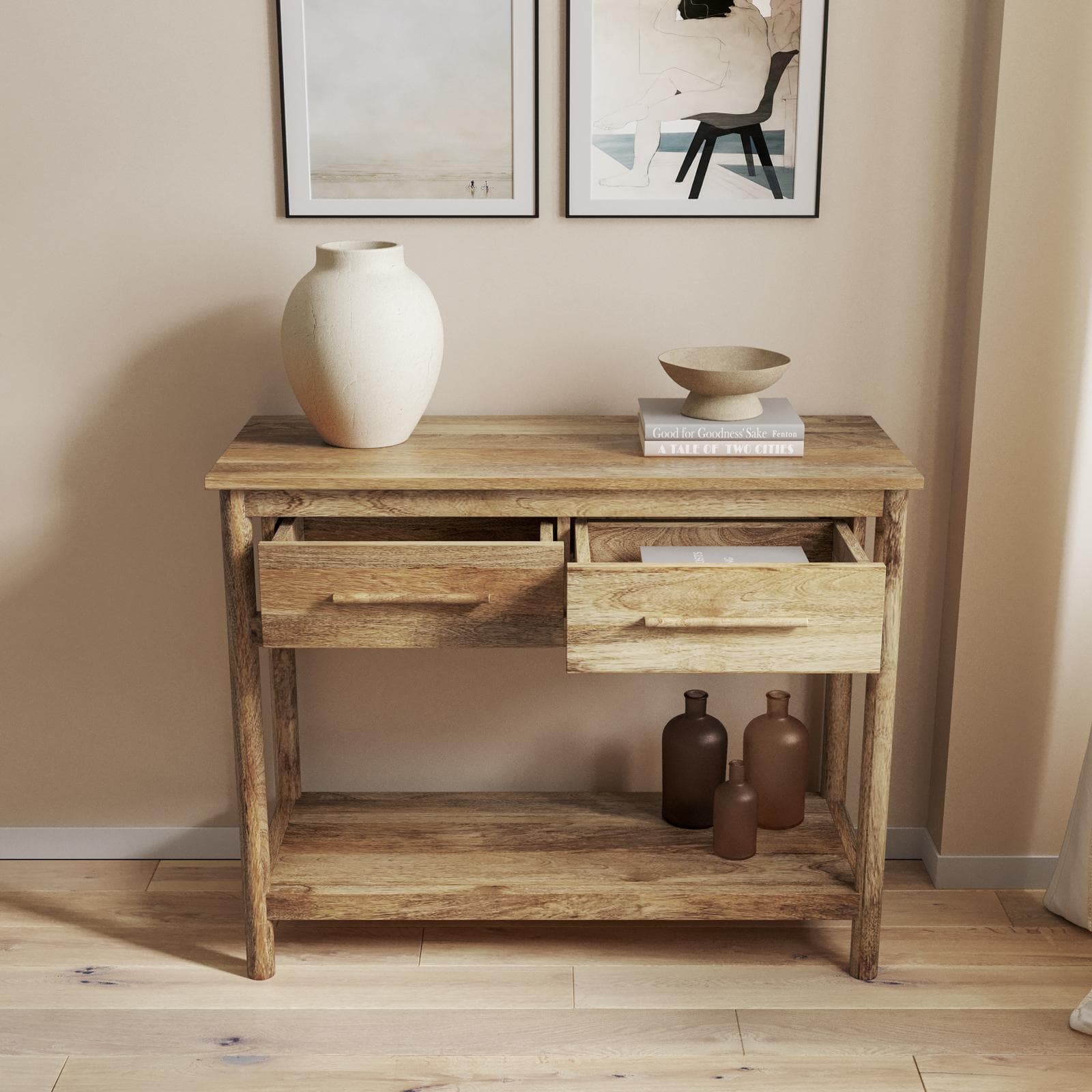 Consolle 100x80h cm legno di mango naturale con 2 cassetti e ripiano - Eclisse