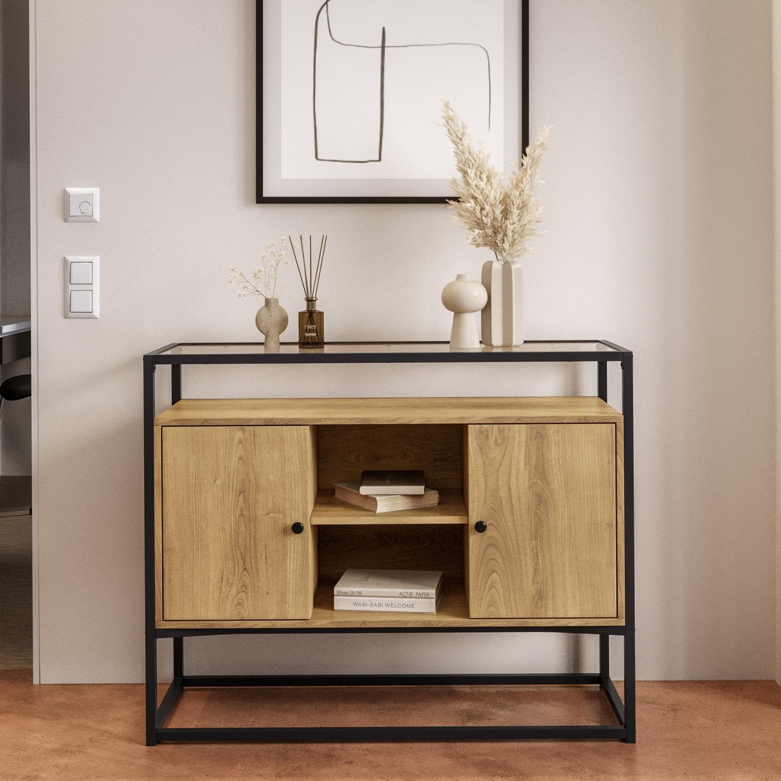 Consolle 100x80h cm top in vetro con struttura in legno e metallo - Split