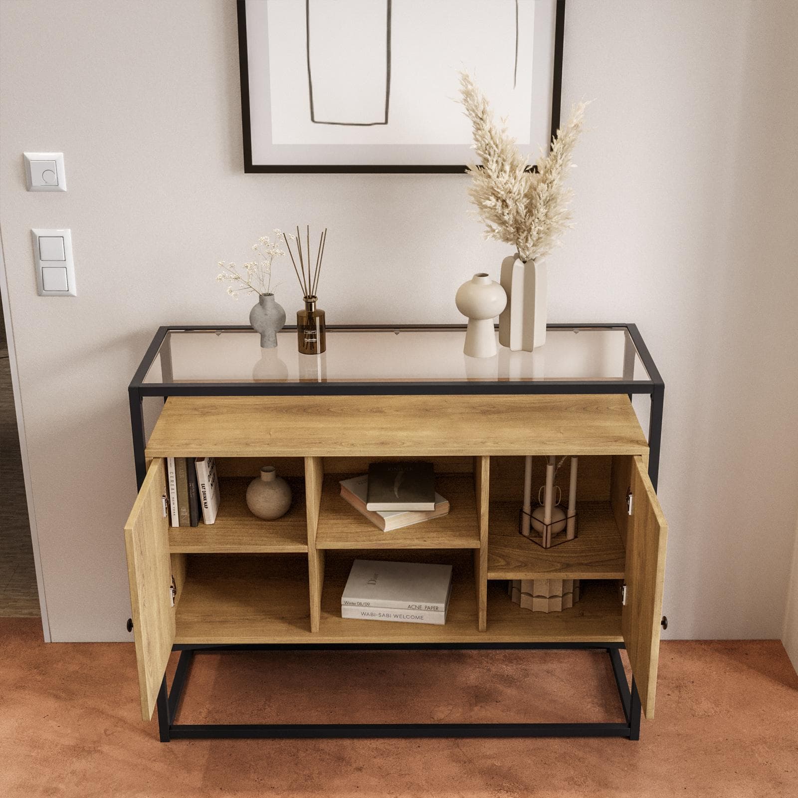 Consolle 100x80h cm top in vetro con struttura in legno e metallo - Split