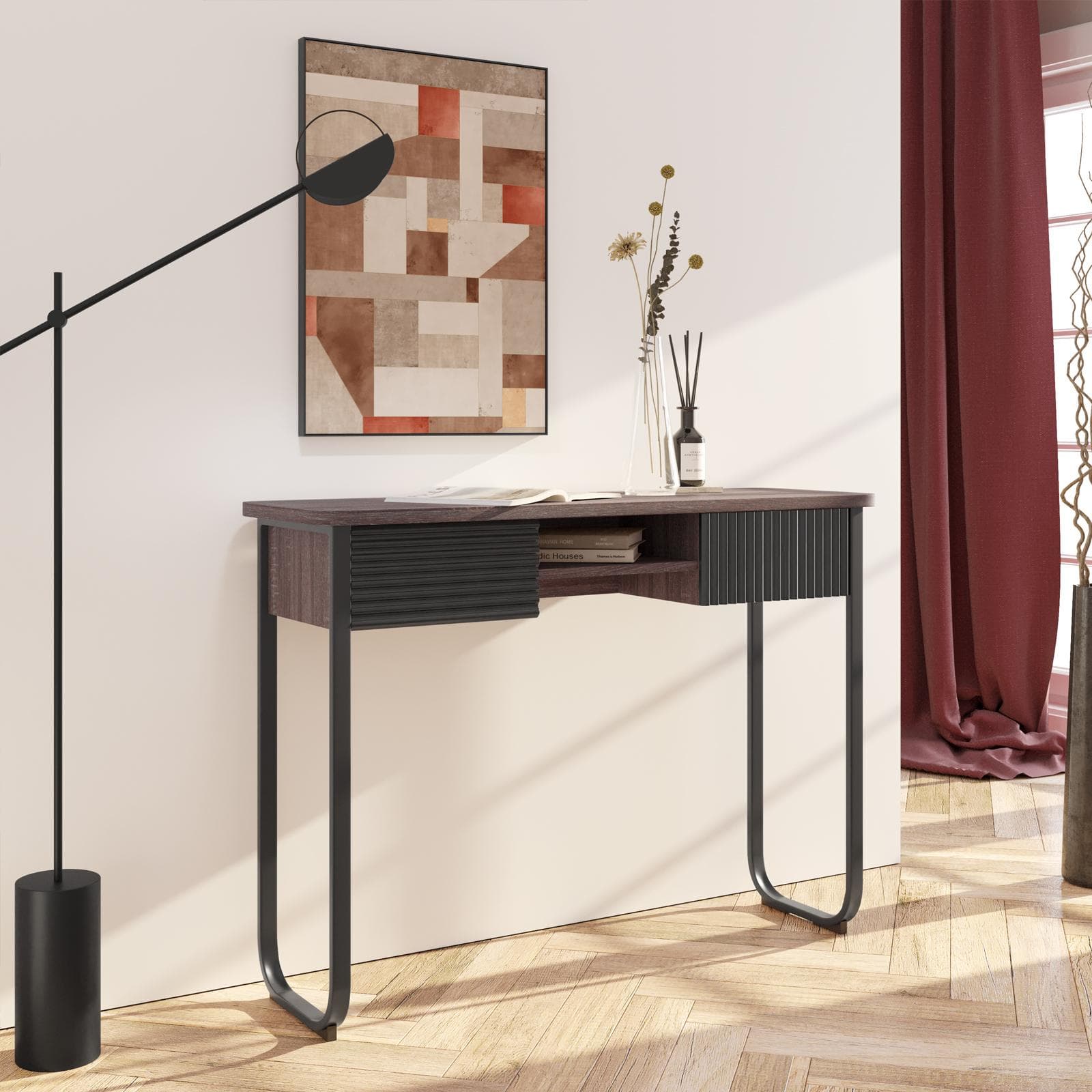 Consolle 110 cm in legno cannettato noce e nero con due cassetti - Sven