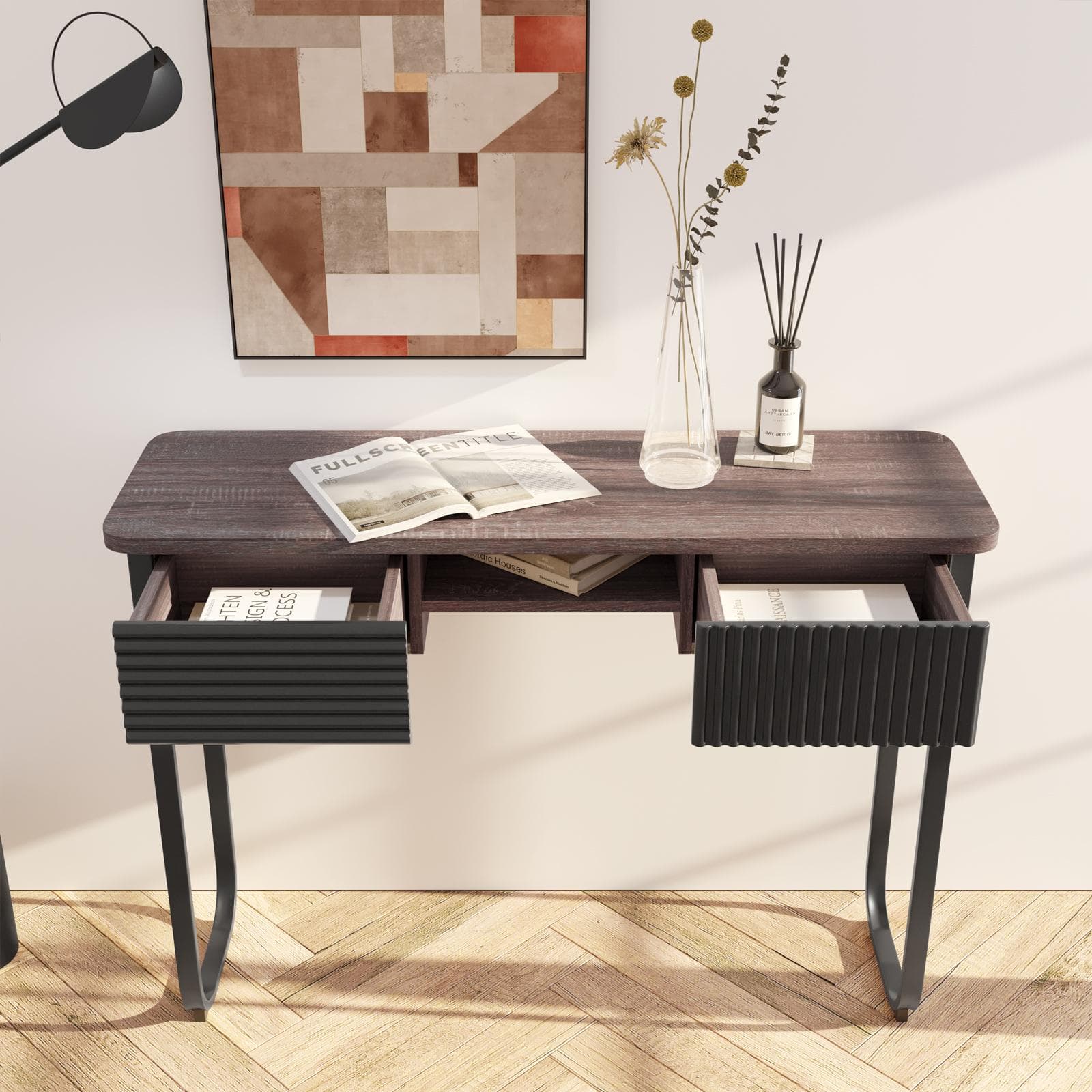 Consolle 110 cm in legno cannettato noce e nero con due cassetti - Sven
