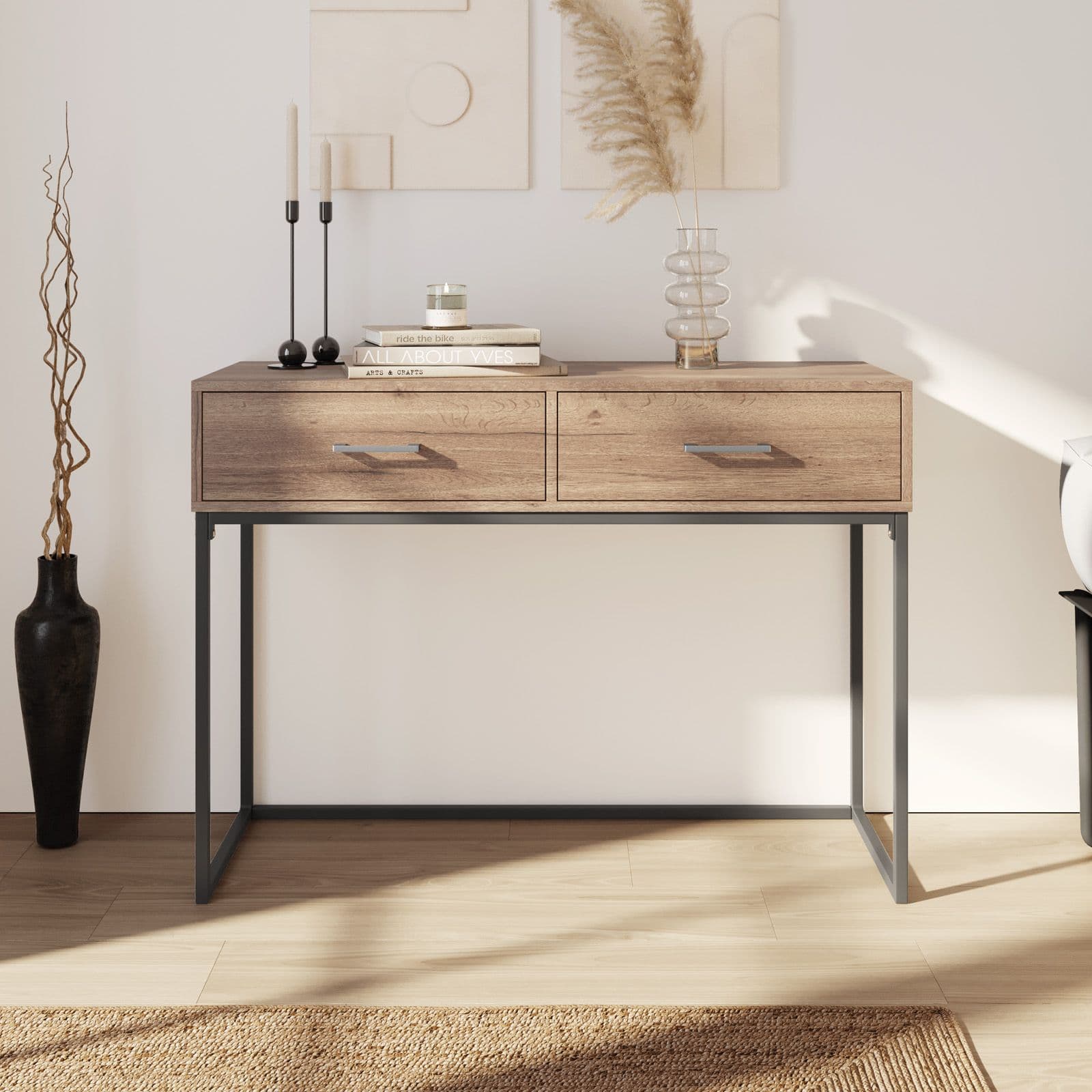 Consolle 110x80h cm in legno rovere e grigio con due cassetti - Tod