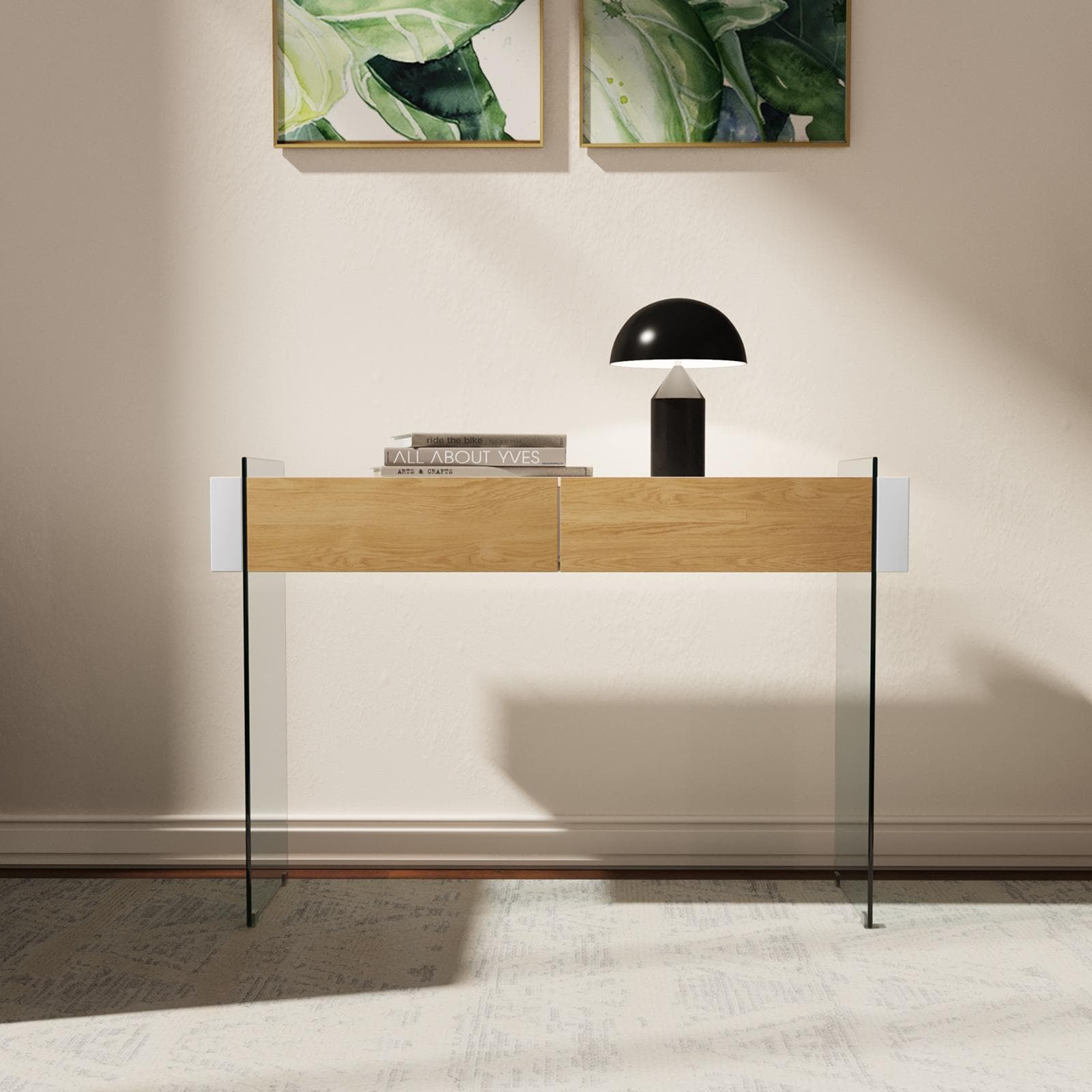 Consolle 110 cm in vetro con 2 cassetti rovere e top bianco - City