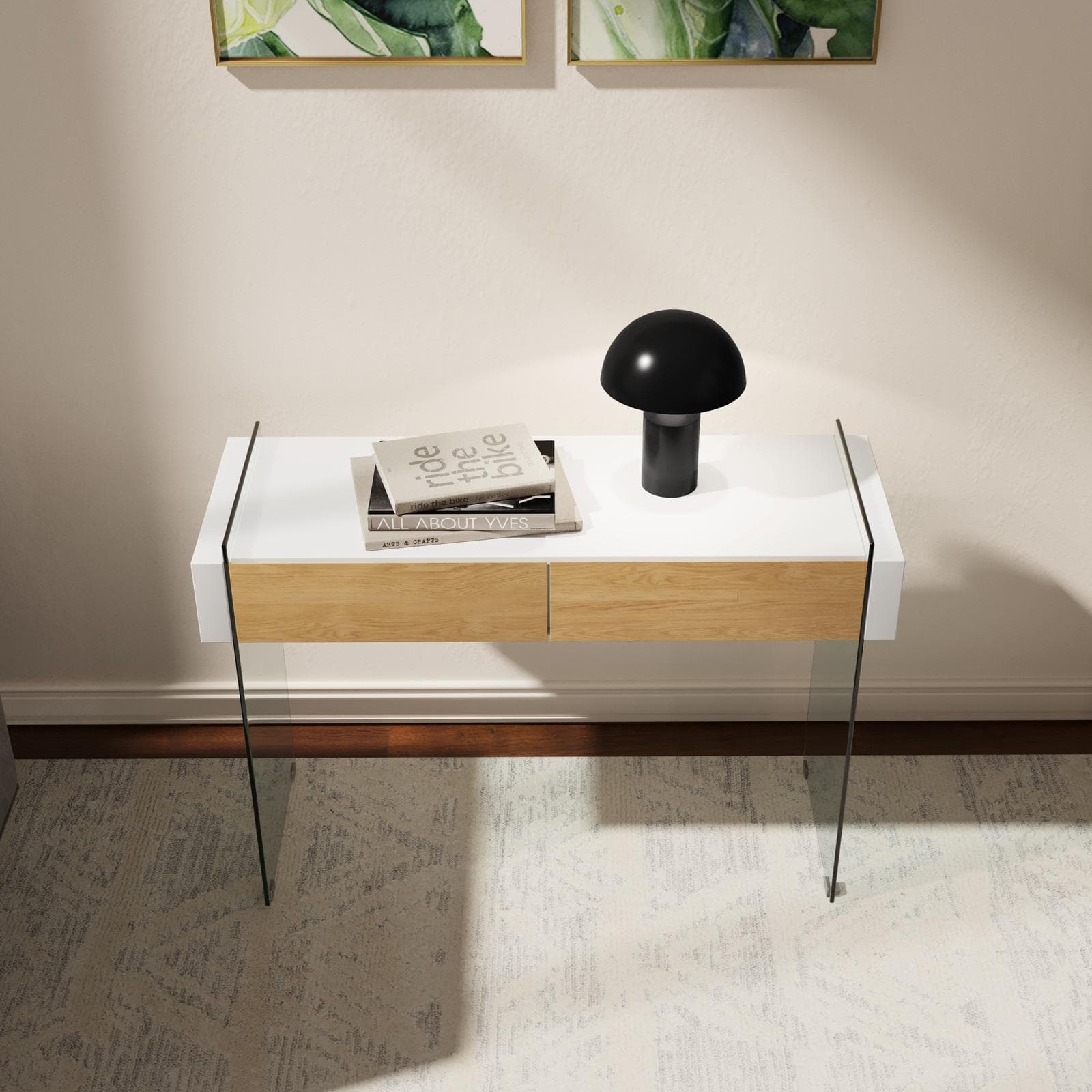 Consolle 110 cm in vetro con 2 cassetti rovere e top bianco - City
