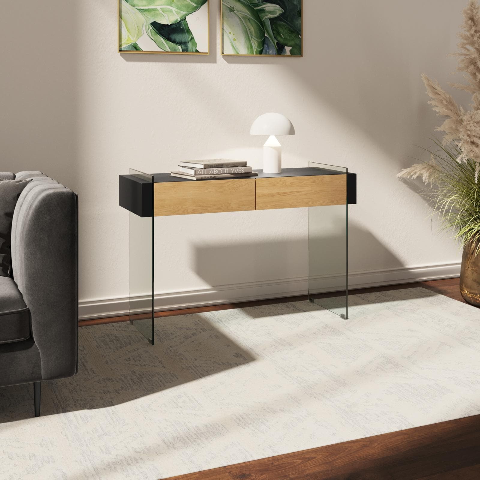 Consolle 110 cm in vetro con 2 cassetti rovere e top nero - City