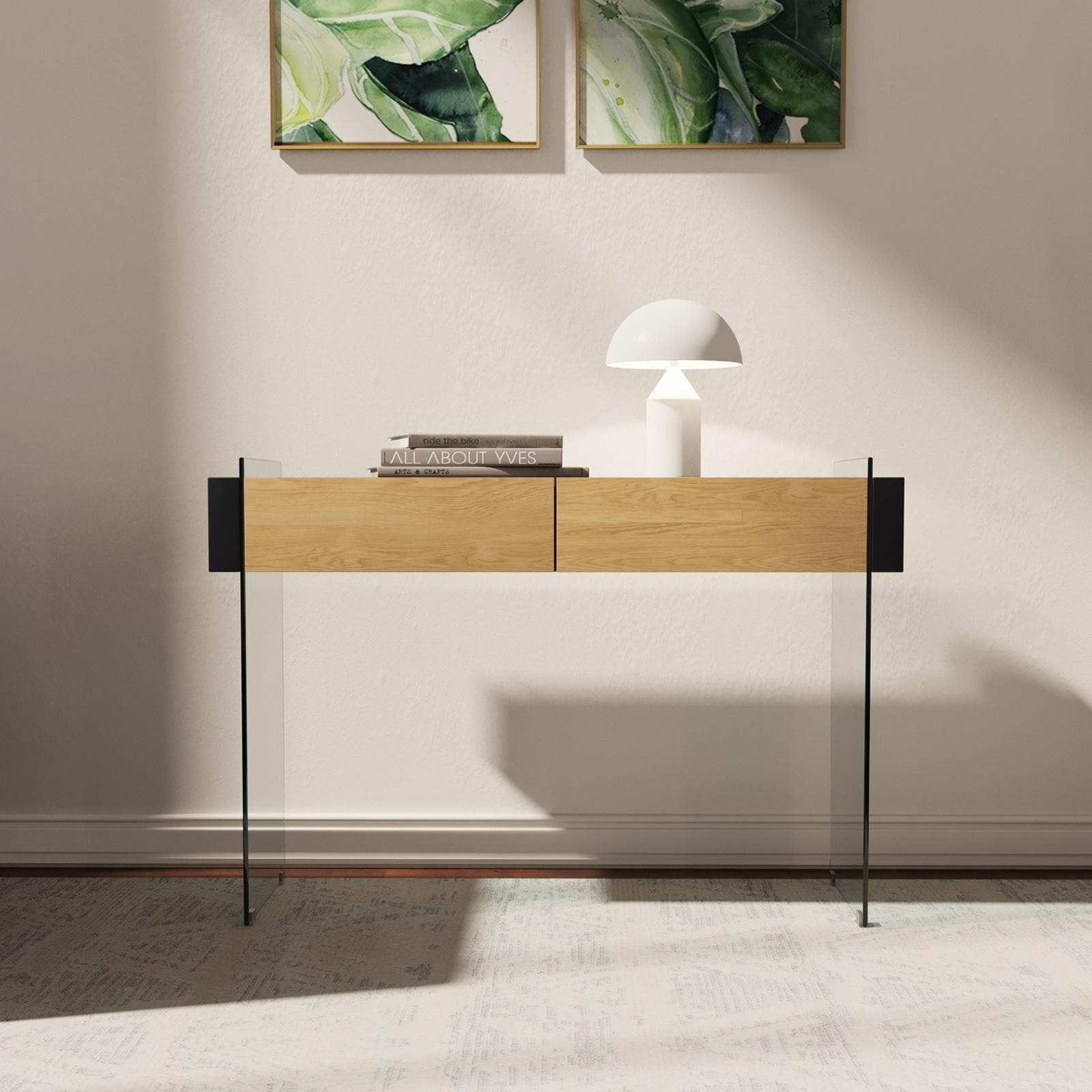 Consolle 110 cm in vetro con 2 cassetti rovere e top nero - City