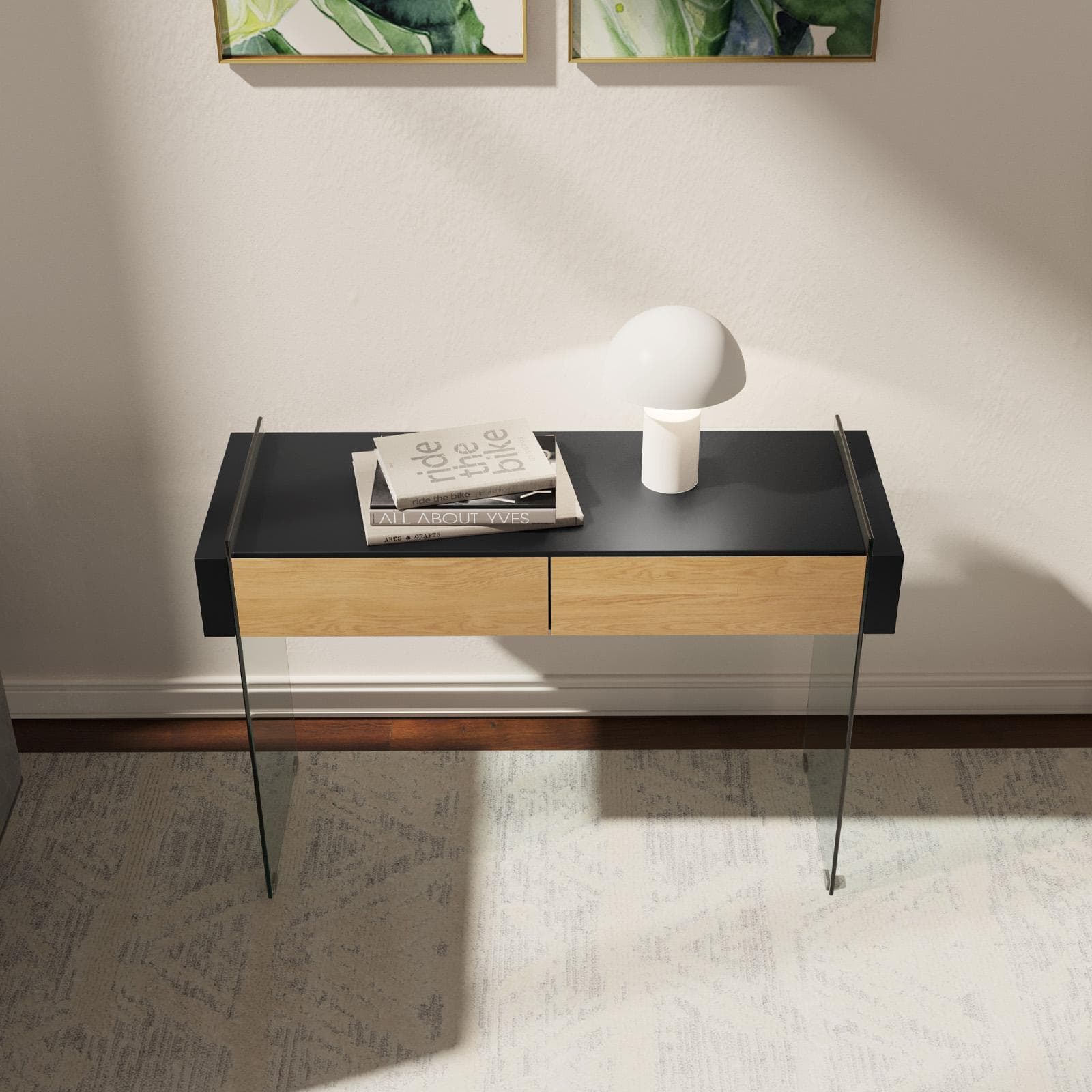 Consolle 110 cm in vetro con 2 cassetti rovere e top nero - City