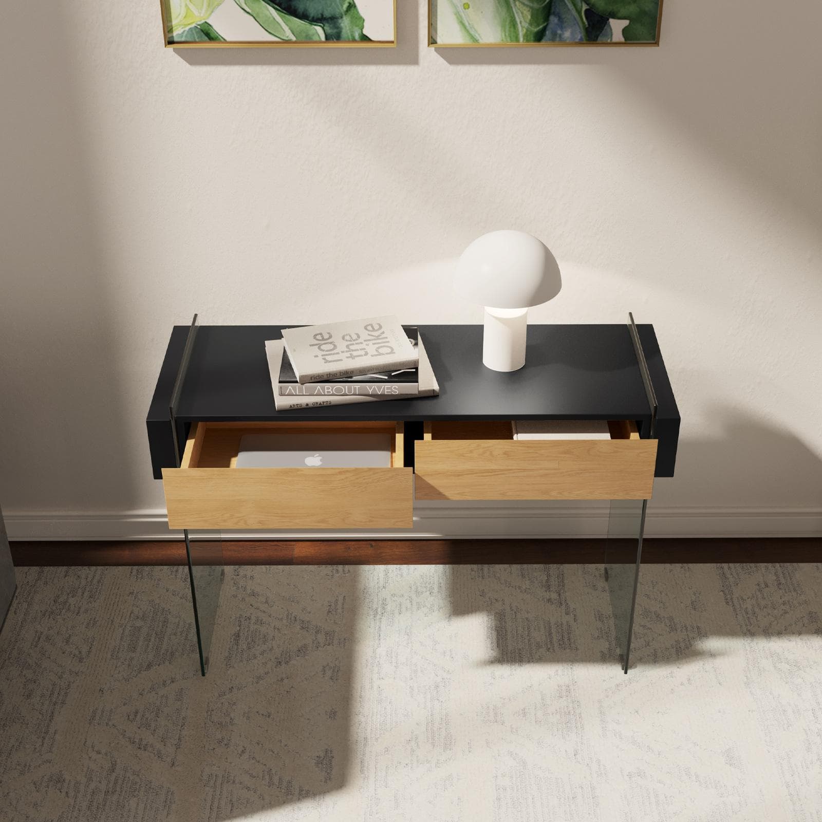 Consolle 110 cm in vetro con 2 cassetti rovere e top nero - City