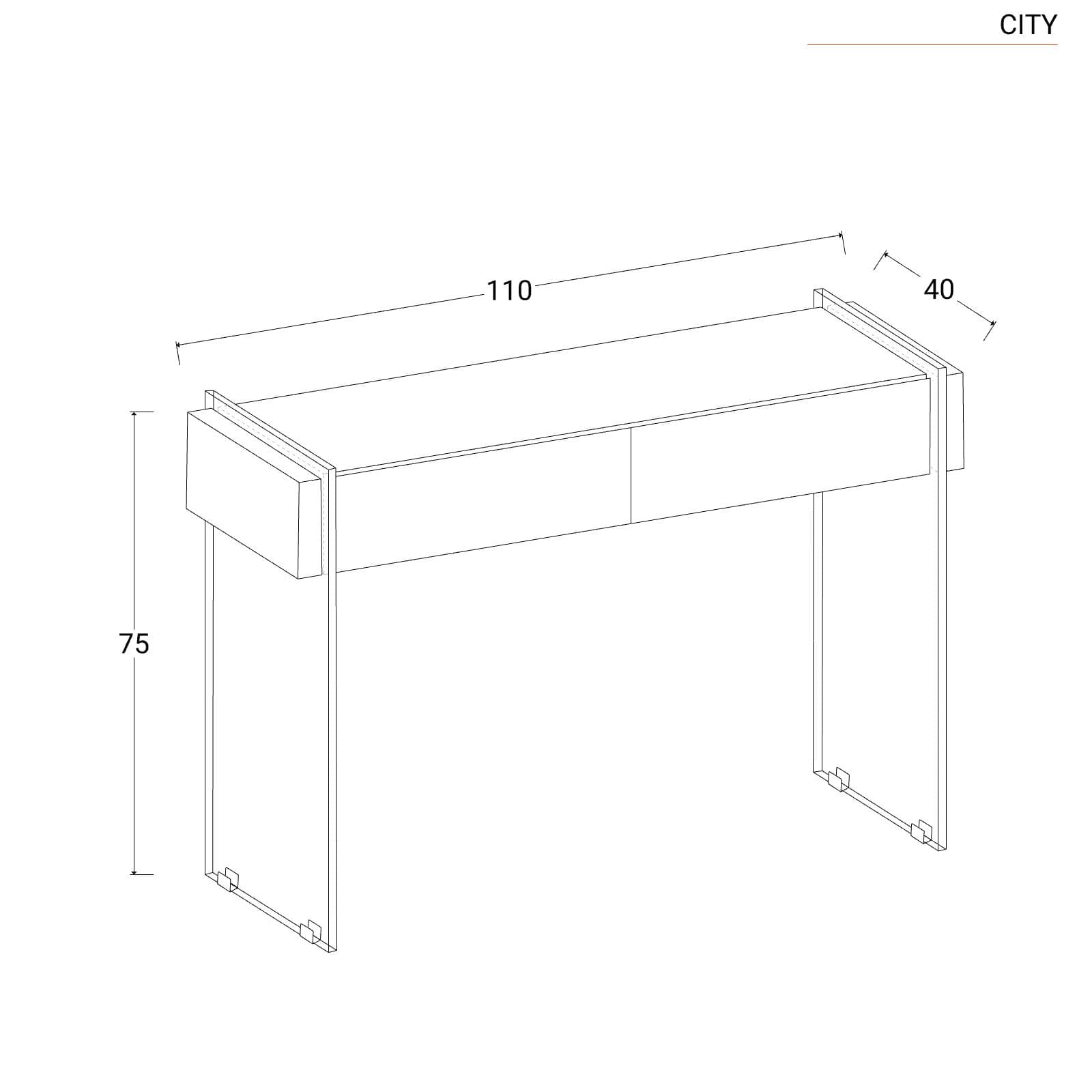 Consolle 110 cm in vetro con 2 cassetti rovere e top nero - City