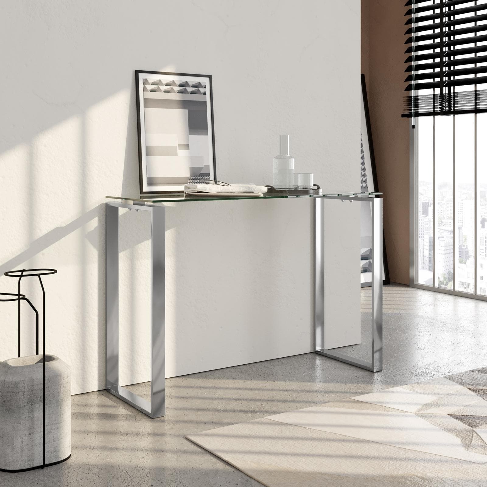 Consolle 110x40 cm con piano in vetro temperato e gambe cromo - Broky