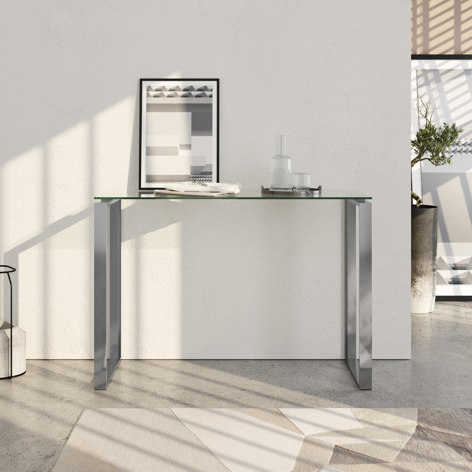 Consolle 110x40 cm con piano in vetro temperato e gambe cromo - Broky