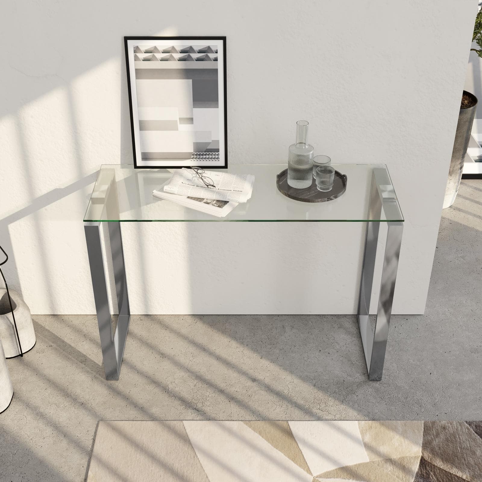 Consolle 110x40 cm con piano in vetro temperato e gambe cromo - Broky