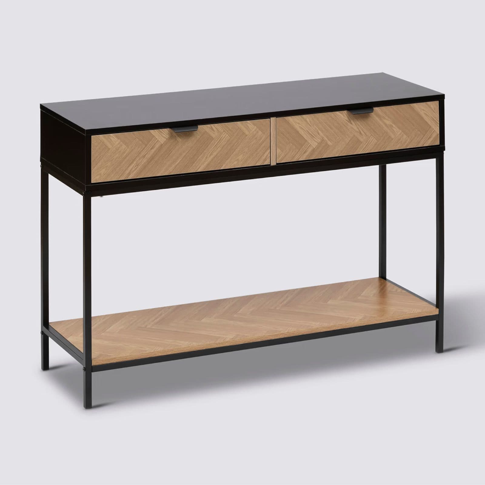 Consolle 110x35 cm in acciaio nero con 2 cassetti in legno effetto parquet - Blacky