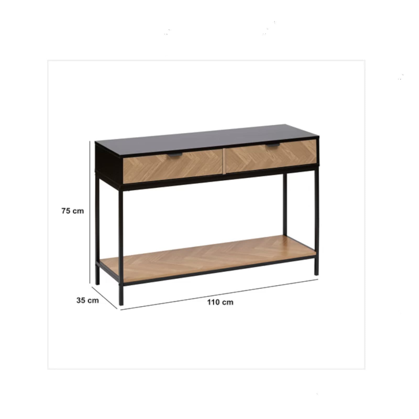 Consolle 110x35 cm in acciaio nero con 2 cassetti in legno effetto parquet - Blacky