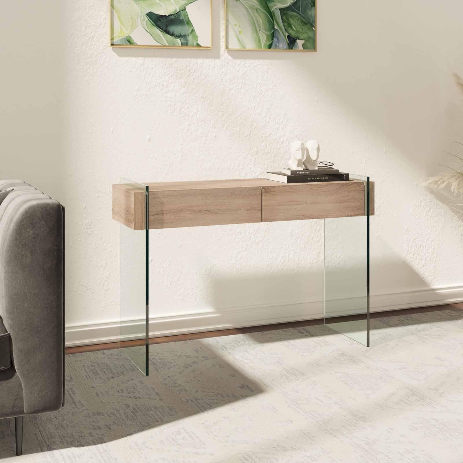 Consolle 110 cm in vetro con 2 cassetti e top rovere - City