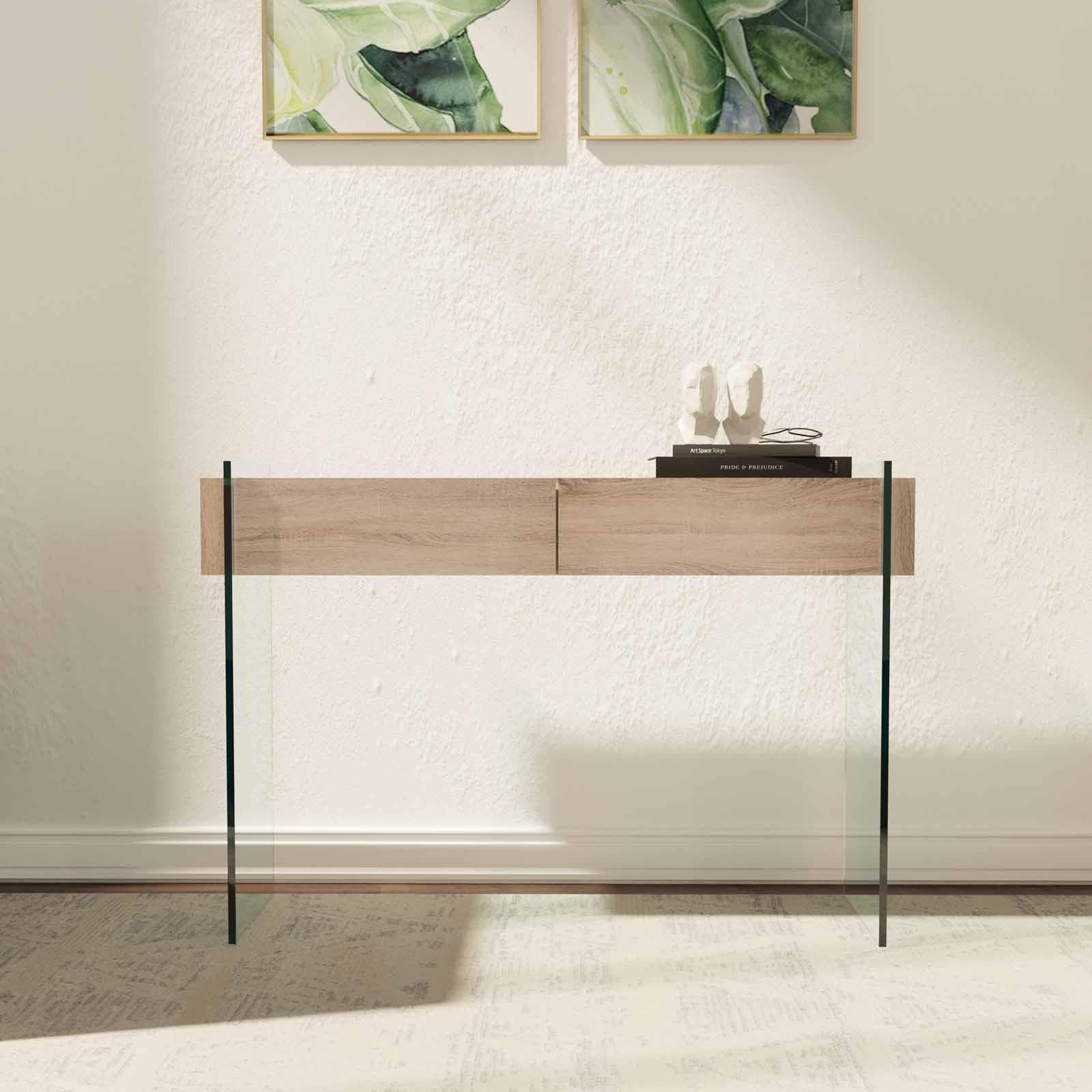 Consolle 110 cm in vetro con 2 cassetti e top rovere - City