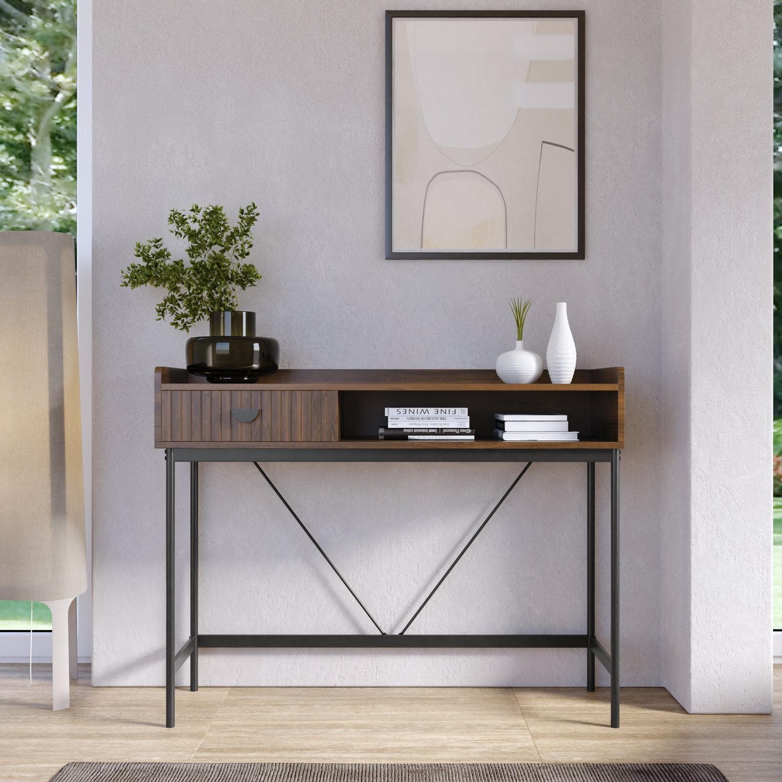 Consolle 110x85h cm con 1 cassetto soft close noce cannettato e gambe in metallo nero - Ozma